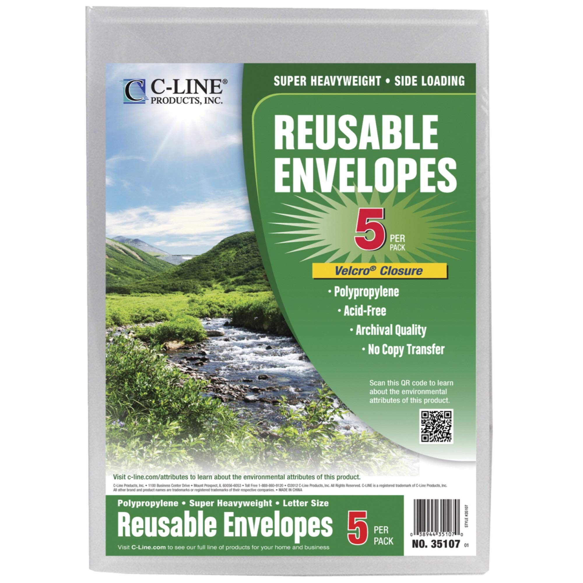 C-Line Biodegradable Extra grande reutilizable poli sobre con carga lateral/cierre de velcro/carta Tamaño – claro (5 sobres por paquete)