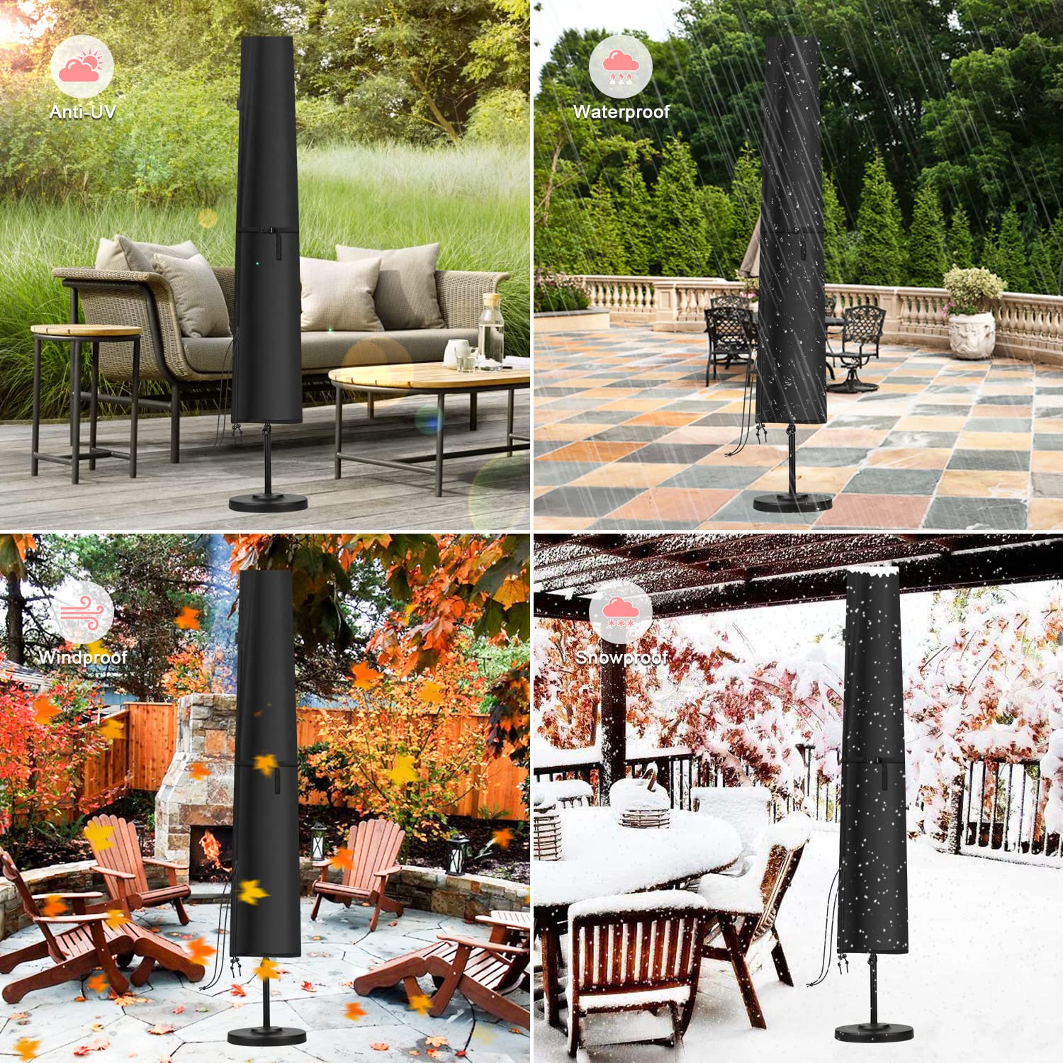 Housse de parasol de jardin imperméable 190x30/50cm anti-UV coupe-vent parasol 2-3 m