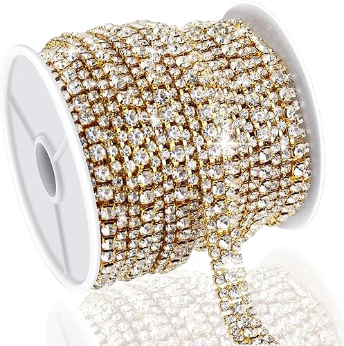 Cadena de diamantes de imitación de cristal de 6 yardas y 3 filas, cadena de cierre de diamantes de imitación de cristal dorado para hacer joyas,