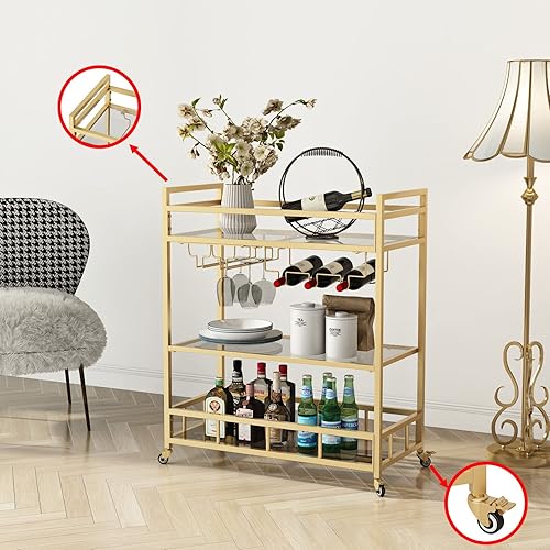 Miniatura 6 de Carrito de bar dorado con almacenamiento de botellas y copa de vino, carrito de bar con ruedas para interiores y exteriores, carrito de bar para