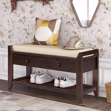 39 Storage Bench with Cushioned Seat and Drawers,Multipurpose Wooden Entryway Ottoman,Hidden Compartment Organizing Shoe Rack,for Bedroom Hallway Porch,Espresso