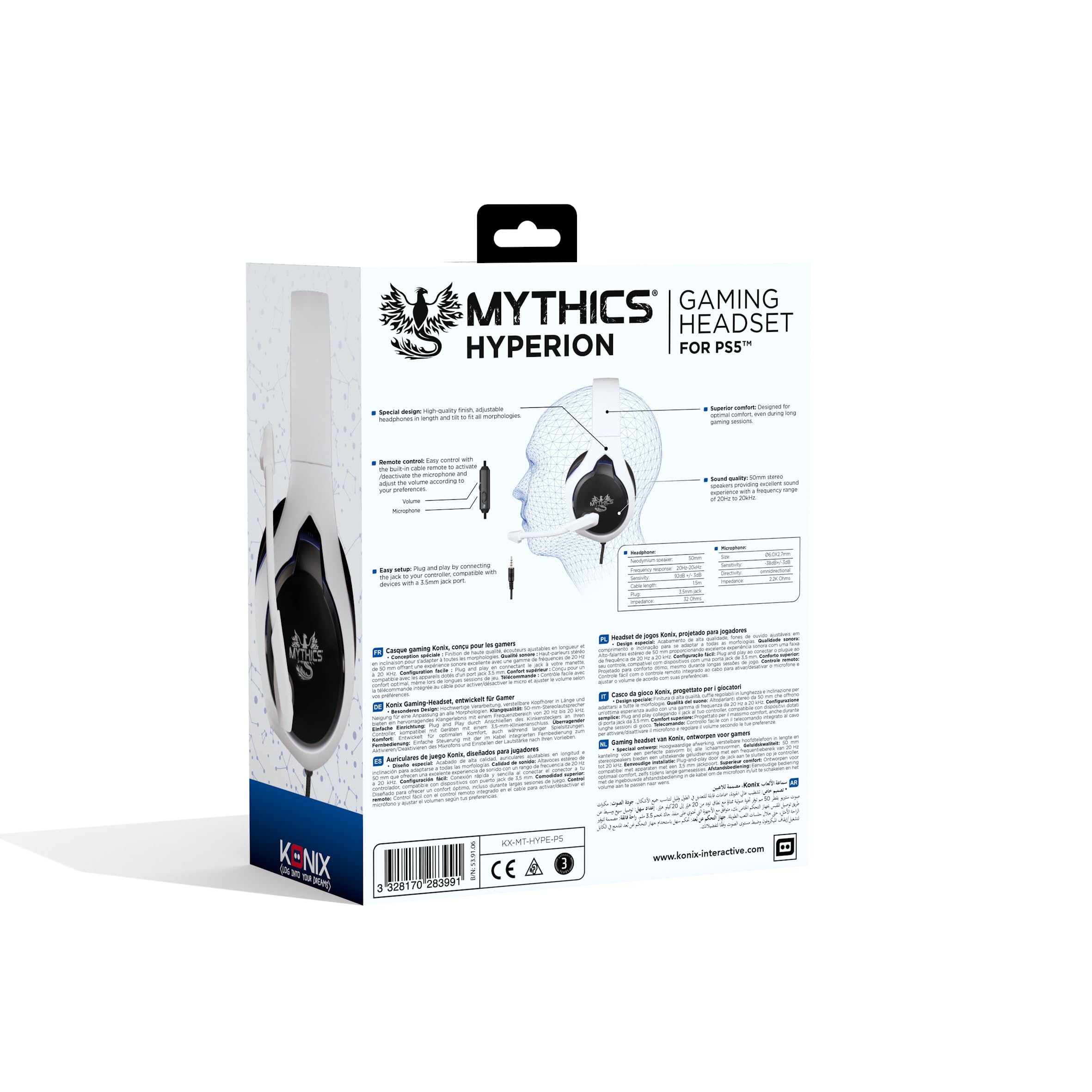 Konix Mythics Cuffie gaming con cavo Hyperion PS5 - Altoparlanti da 50 mm - Microfono - Cavo da 1,5 m - Connettore Jack da 3,5 mm - Bianco e nero