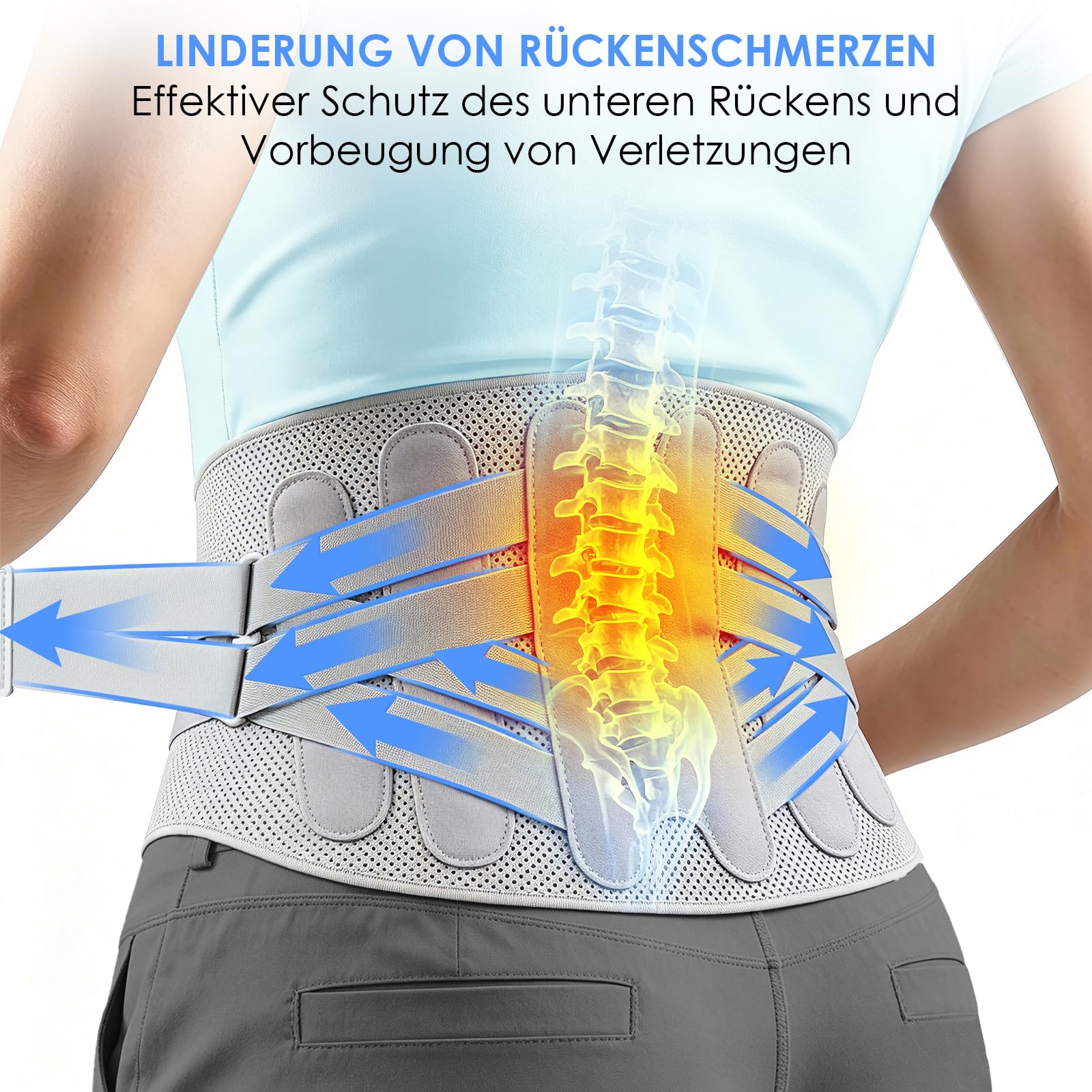babaka Rückenstützgürtel Rückenbandage für Herren und Damen und mit 4 Metallstangen 2 flexiblen Federstangen Atmungsaktive Verstellbar Rückengurt für Arbeit und Sports