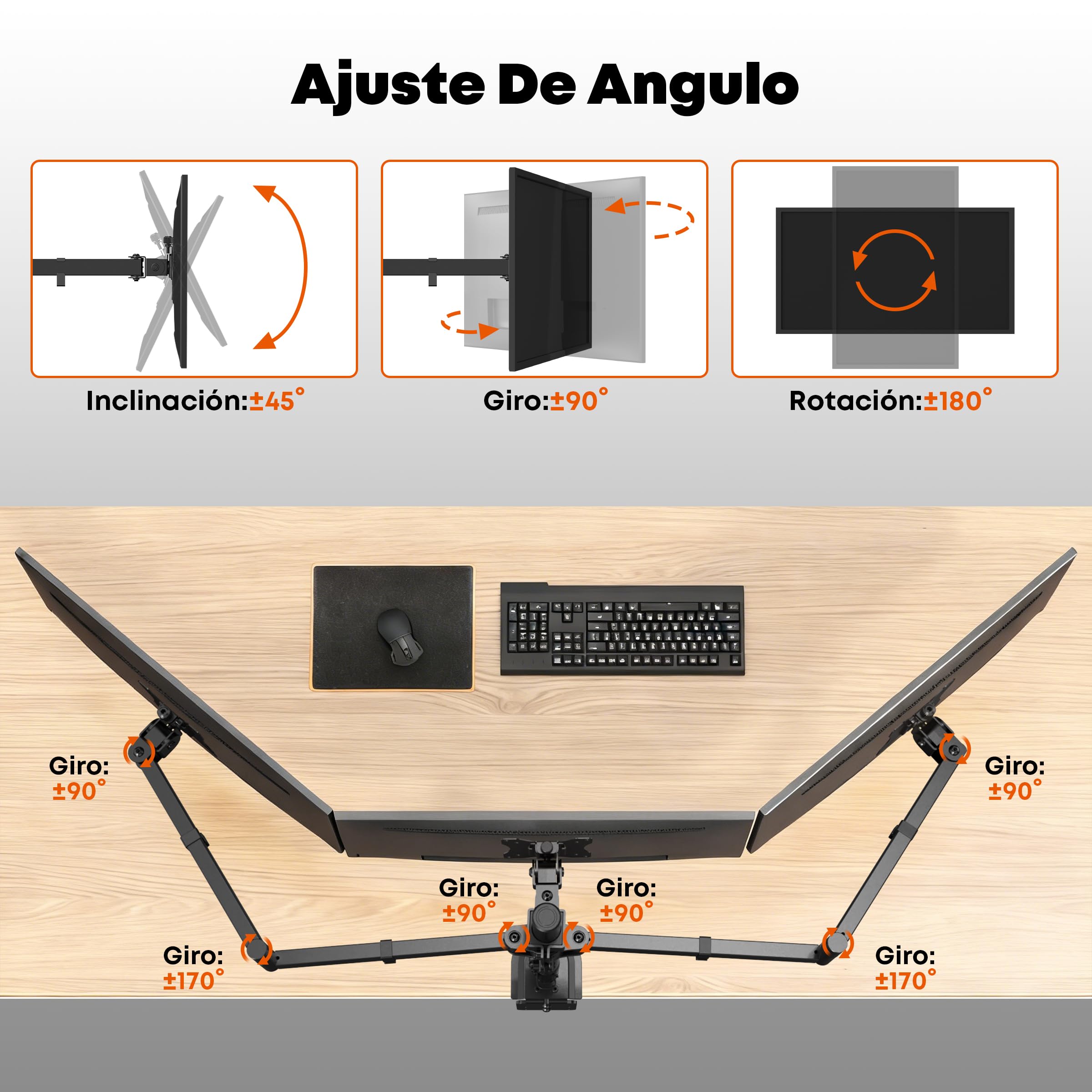 Soporte Triple para 3 Monitores 27" - Brazo Articulado con Fijación de Mesa, Carga Máx. 10kg por Brazo, VESA 75/100, Ajuste en Altura/Inclinación/Giro - Teletrabajo & Gaming