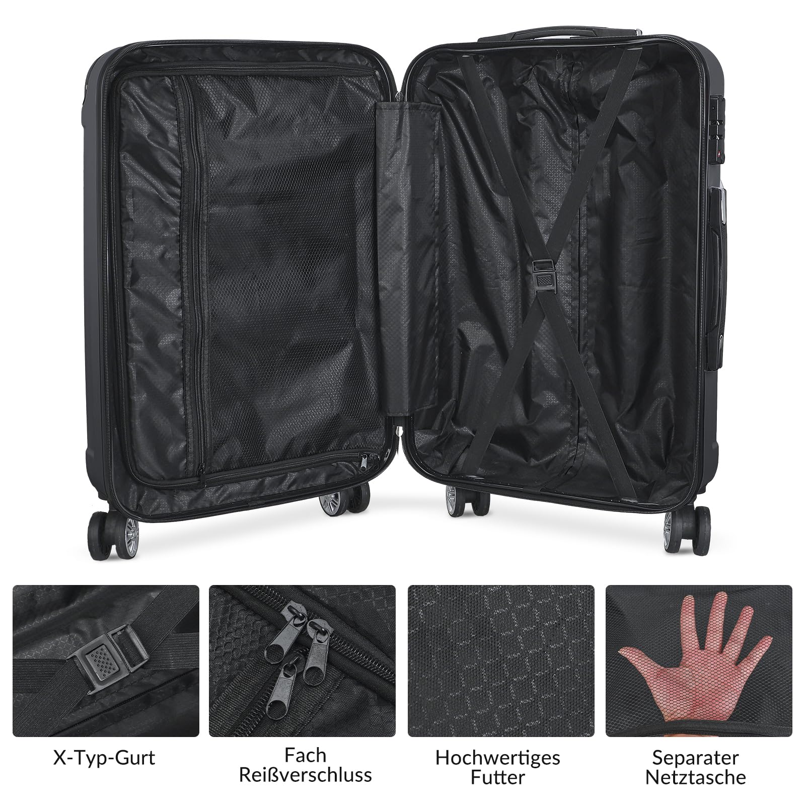 Valigia Rigida 3 Pezzi Set Trolley Bagaglio A Ruote Set Di Valigie In ABS Con Protezione Degli Angoli Trolley Con Manico Telescopico Bagaglio A Mano 4 Ruote M L XL (Nero)