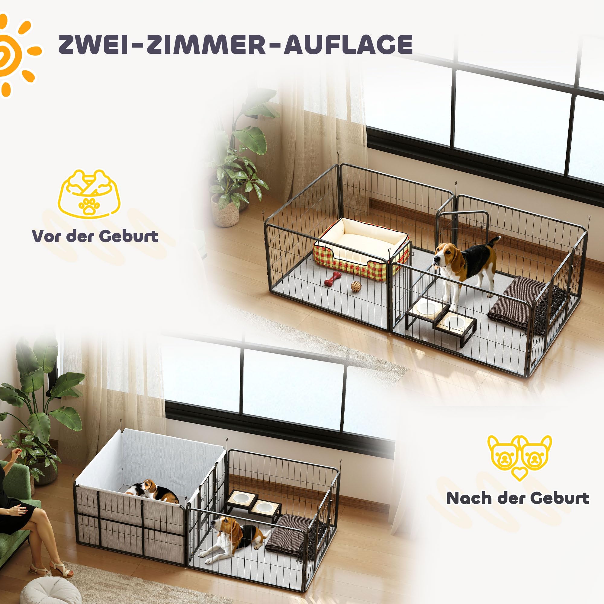 PawHut Caja para Cachorros, Parque para Cachorros con 7 Paneles, 2 Secciones, Alfombrilla Lavable, 2 Puertas, Parque para Perros pequeños y medianos 203 x 102 x 60 cm, Color Negro