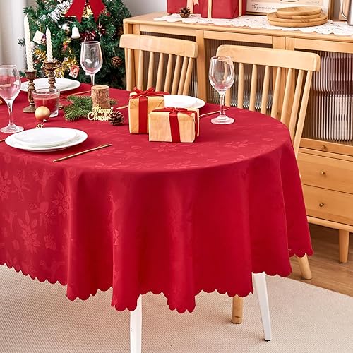 Miniatura 247 de Mantel Redondo Dorado Mantel de Mesa con Patrón de Hojas Borde Festoneado Sedoso Suave Impermeable Lavable 50 Pulgadas Cubierta de Mesa de Tela