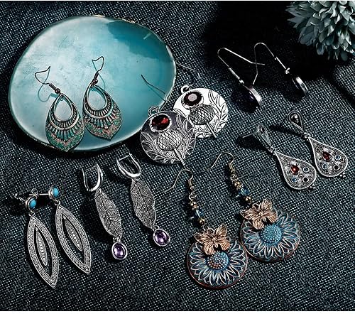 Miniatura 6 de Juego de 12 pares de aretes colgantes vintage de cristal turquesa para mujer, aretes de aro con circonita cúbica, aretes de aro para regalo de