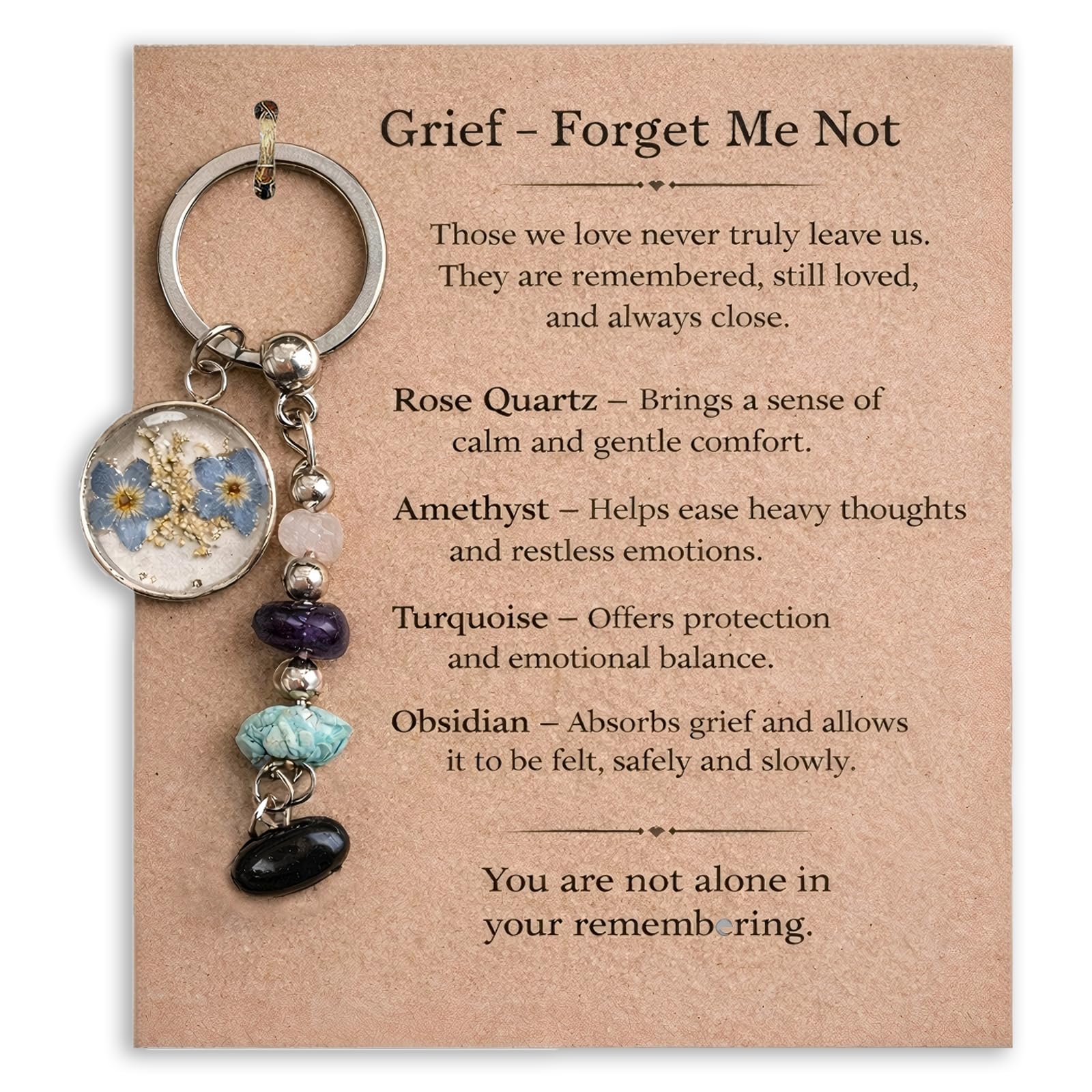 Grief Healing Crystal Set - Forget Me Not Gift with Rose Quartz Amethyst Turquoise Obsidian, Natural Stones for Emotional Comfort & Bereavement Remembrance - Memorial Sympathy Gift for Loss of Loved