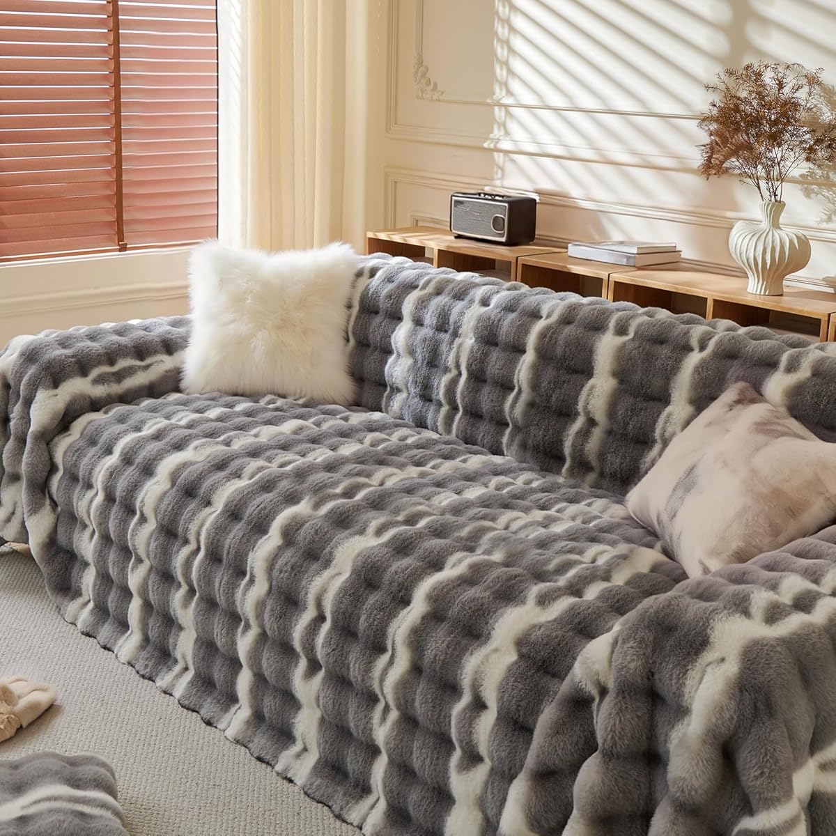 QemoraHome Faux Fur Plush Sofa Cover Anti-Slip Gradient Couch Cover Cosy Plush Sofa Slipcover for Pet Friendly 3 Cushion Couch