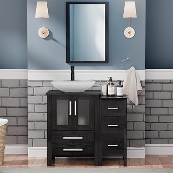 UEV 36" Black Bathroom Vanity with Vessel Sink,Modern Bathroom Vanity Cabinet with Removable Side 3 Drawers Cabinet,Modern Artistic Ceramic Vessel Sink Combo,Mirror Not Included032WH