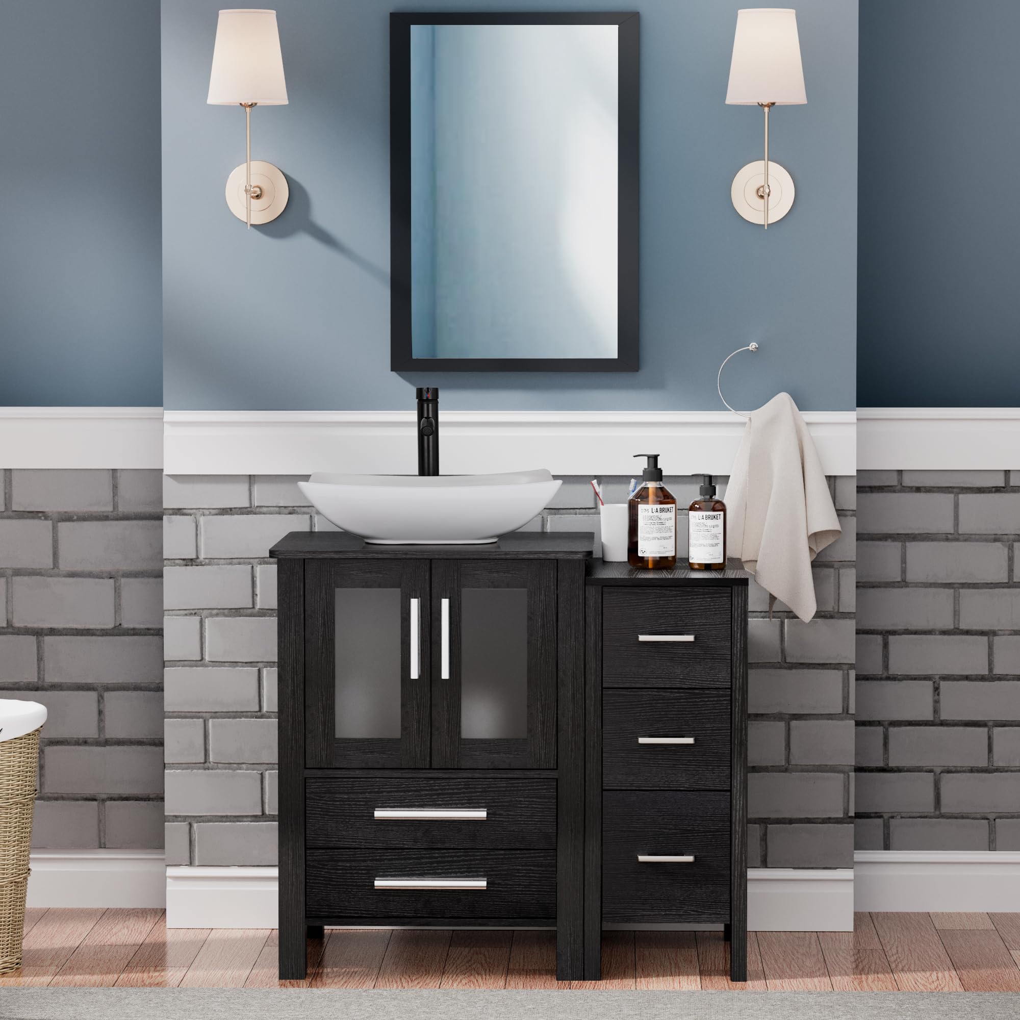 UEV 36" Black Bathroom Vanity with Vessel Sink,Modern Bathroom Vanity Cabinet with Removable Side 3 Drawers Cabinet,Modern Artistic Ceramic Vessel