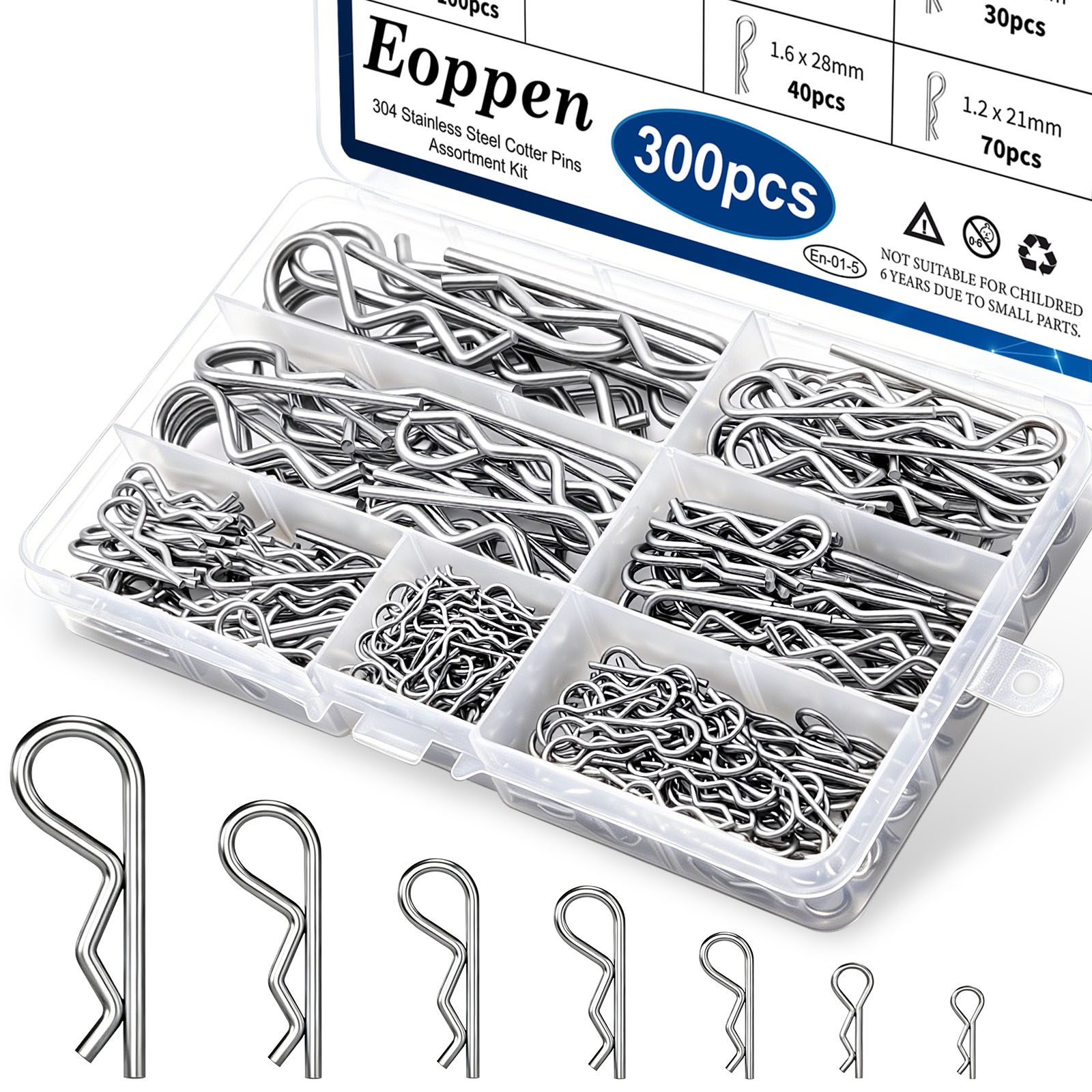 Image of 300Pcs Cotter Pin Assortment Kit - 304 Stainless Steel 7 Sizes R Clips Cotter Pins for Automotive, Trailer, Hitch Pin Lock System