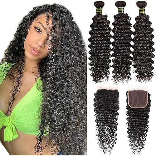 Brazilian Deep Wave Bundles with Lace Closure 100% Human Hair Unprocessed Virgin Hair Wet and Wavy Curly Hair Weave 3 Bundles with 4x4 Lace Closure Free Part Natural Color (28 28 28+20)