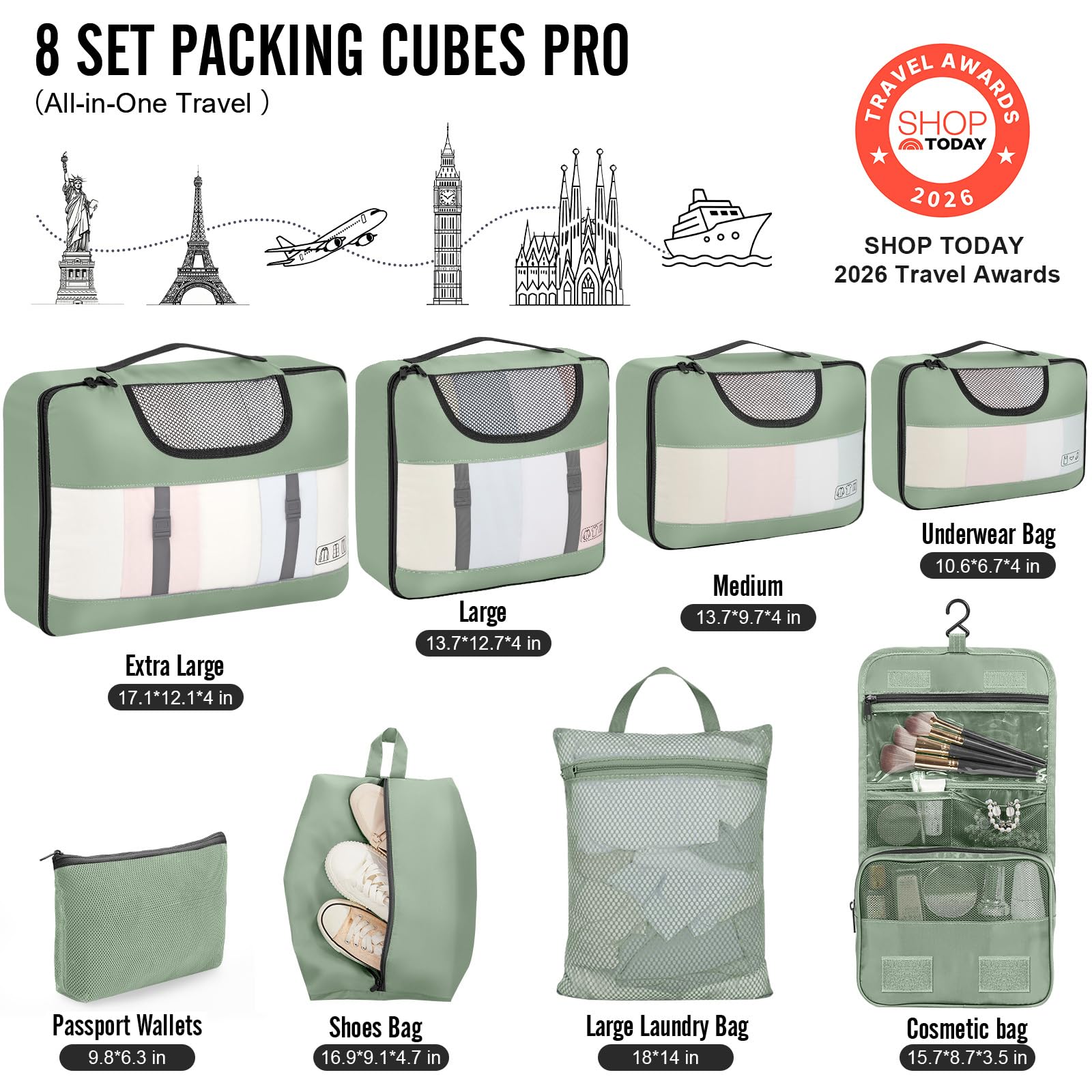 Veken 8 Set Packing Cubes for Travel Essentials,Anti-Wrinkle Buckled Suitcase Organizer for Shoe & Toiletry Bag,Carry On Luggage Bag with 99+ Count Mesh Holes for Airplane & College Dorm Accessories view 2