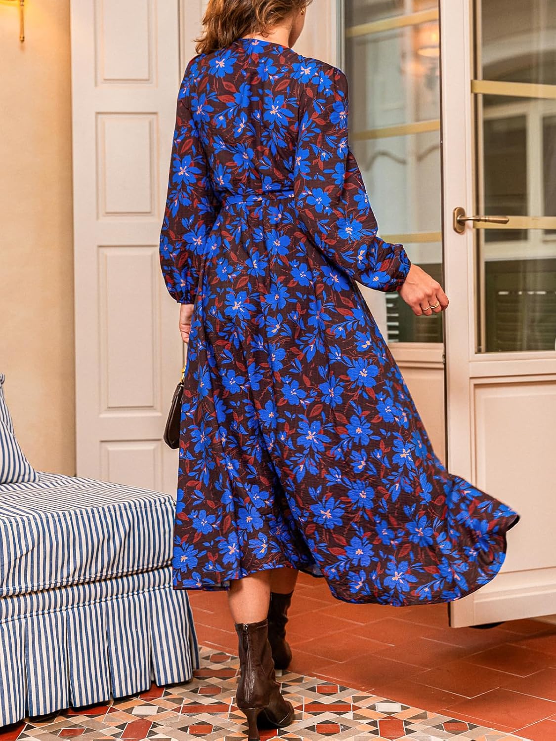 CUPSHE Women Fall Dresses Wildflower Floral V Neck Tie Front Puff Long Sleeve A Line Wrap Maxi Dress - Image 2