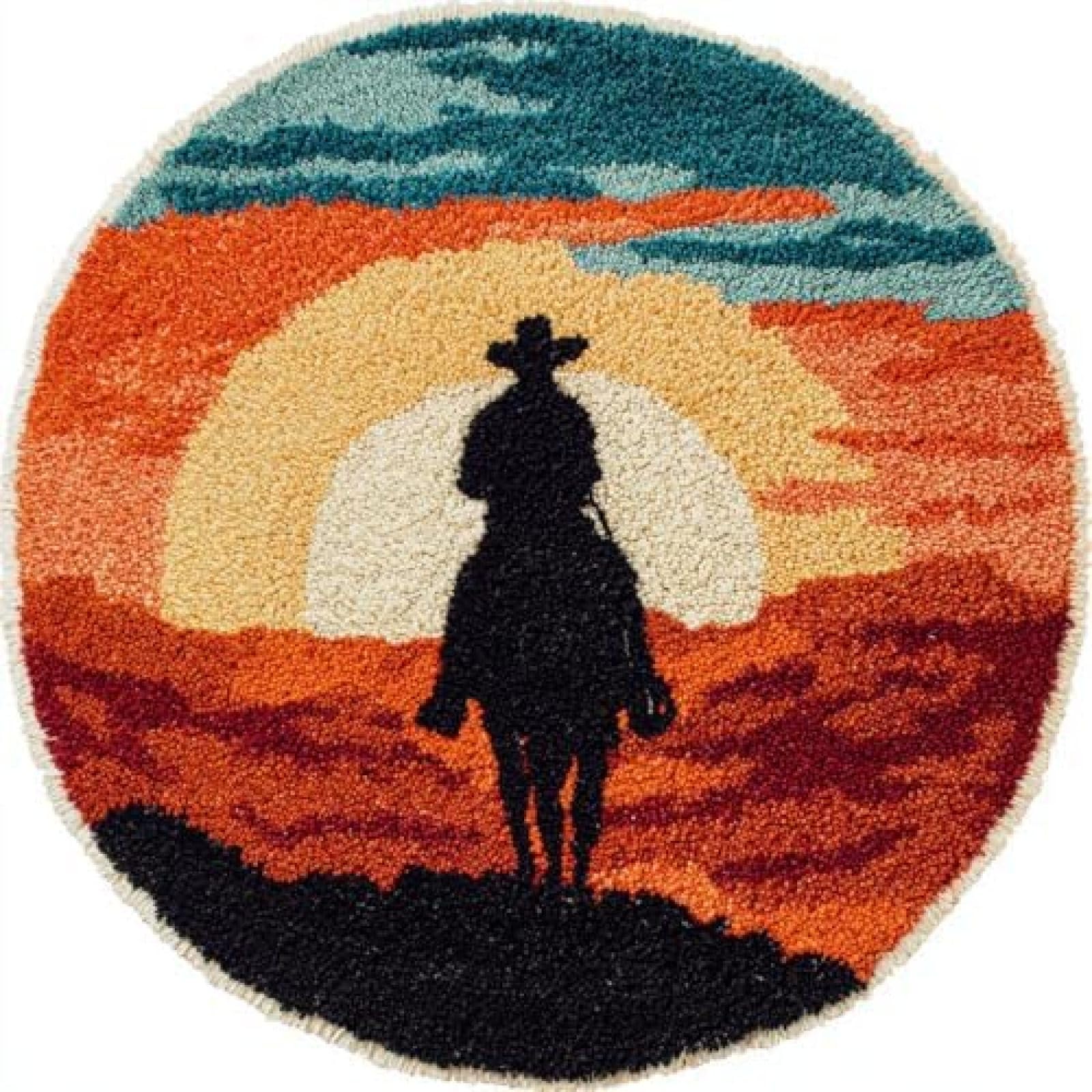 Latch Hook Rug Kit West Cowboy On Horse Under Sunset Round Rug 52x52cm