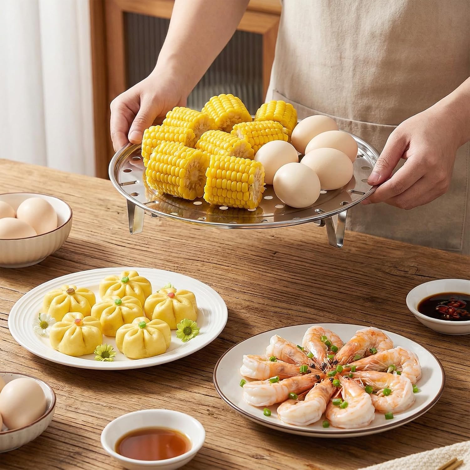 Steamer Basket 8.66 & 7.87 Inch Stainless Steel Steam Basket For Pot Round Multi-Function Steaming Rack For Vegetables, Dumplings, Fish Seafood, Cooking