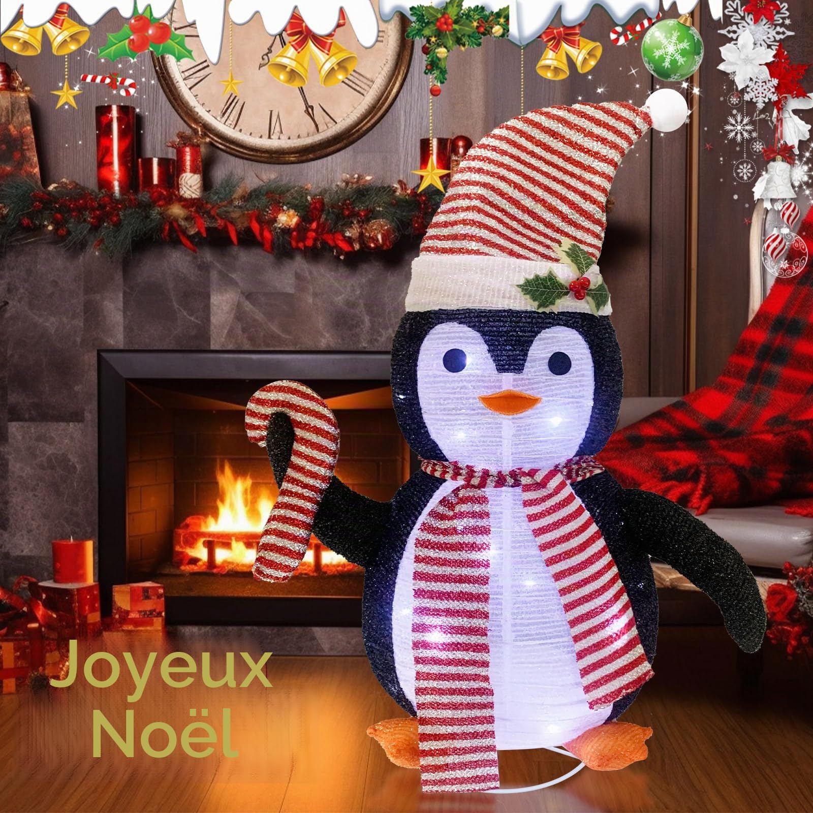 Décorations de Noël pingouin lumineux de 30 pouces avec 40 lumières LED, pingouin pliable avec chapeau, décorations de Noël pour extérieur intérieur cour jardin (77 cm de haut)
