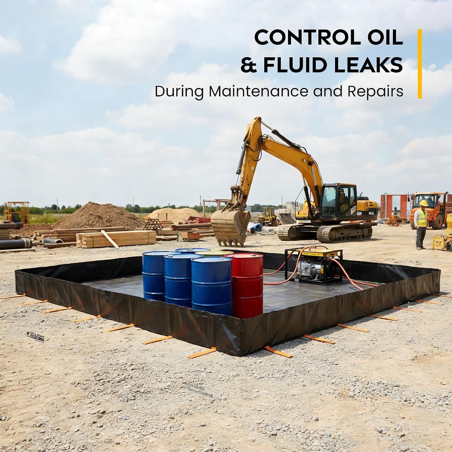 Spill Ready 12' x 12' x 12" L-Bracket Spill Containment Berm - Drive Over 30 oz PVC - 0.75" Drain | Industrial Oil, Fuel and Chemical Spill Control Berm | Black