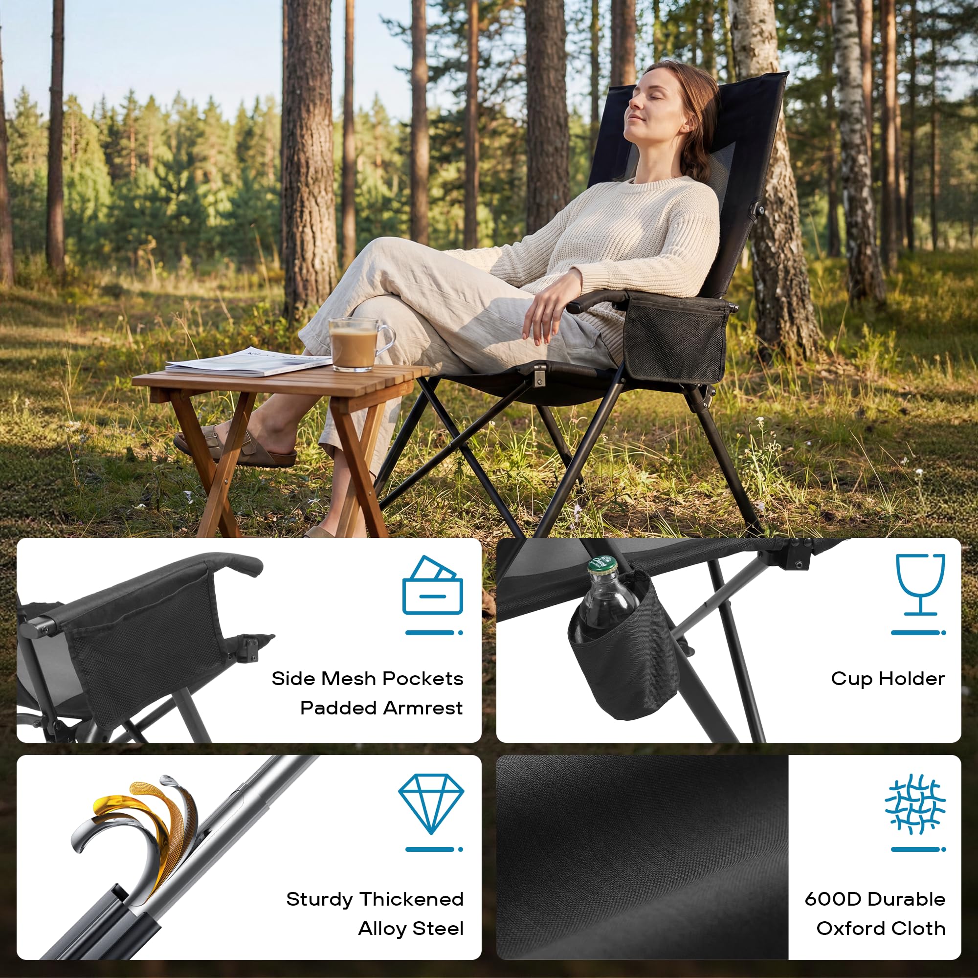 Campingstuhl Faltbar Klappbarer, 6-Fach verstellbare Rückenlehne, extra breiter Gartenstuhl für Erwachsene, tragbarer Strandstuhl, Belastbarkeit bis 136 kg(Schwarz und Grau, 2 Pack)