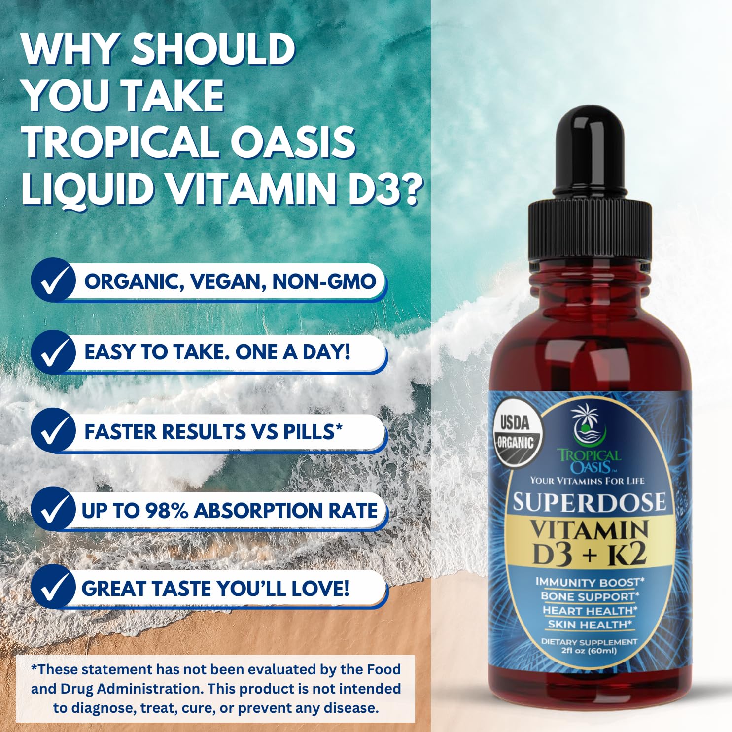 USDA Organic Liquid Vitamin D3 K2 Drops for Adults | Superdose 8000IU Pure Vitamin D3 | 60 Serv | Vitamin D K2 Supplement for Immune Support & Bone Health | 98% Absorption | Vegan, Non-GMO | 2 Fl Oz — Amazon image 6