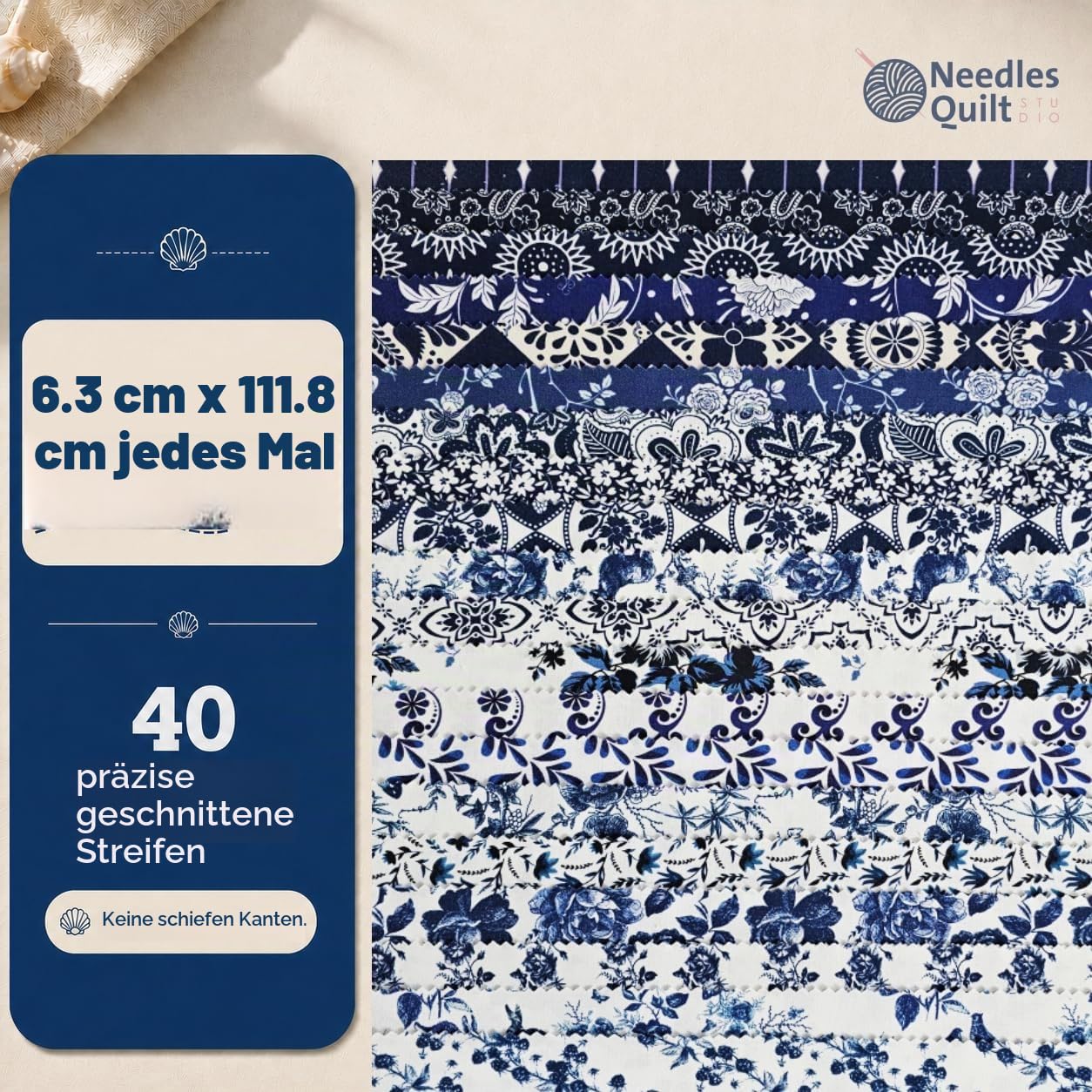 Jelly Roll Stoffe zum Quilten, 40 Streifen, 6,4 x 111,8 cm, Baumwollstreifenbündel, perfekter Quiltstoff zum Nähen, vorgeschnittene Quilt-Projekte und Bastelarbeiten (Feines Porzellan)
