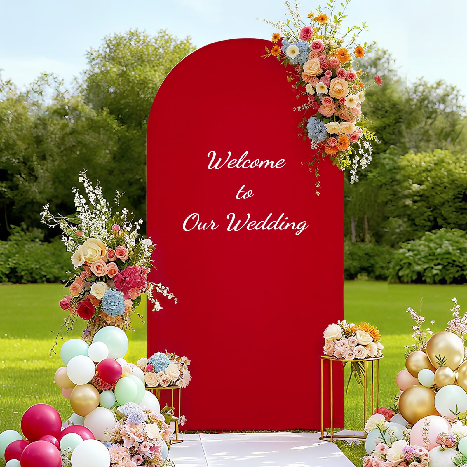 3E Home 6 FT Red Wedding Arch Backdrop Cover, Stretchy Arch Cover for Weddings, Baby Showers, Birthday Parties & Events and Reception Decor