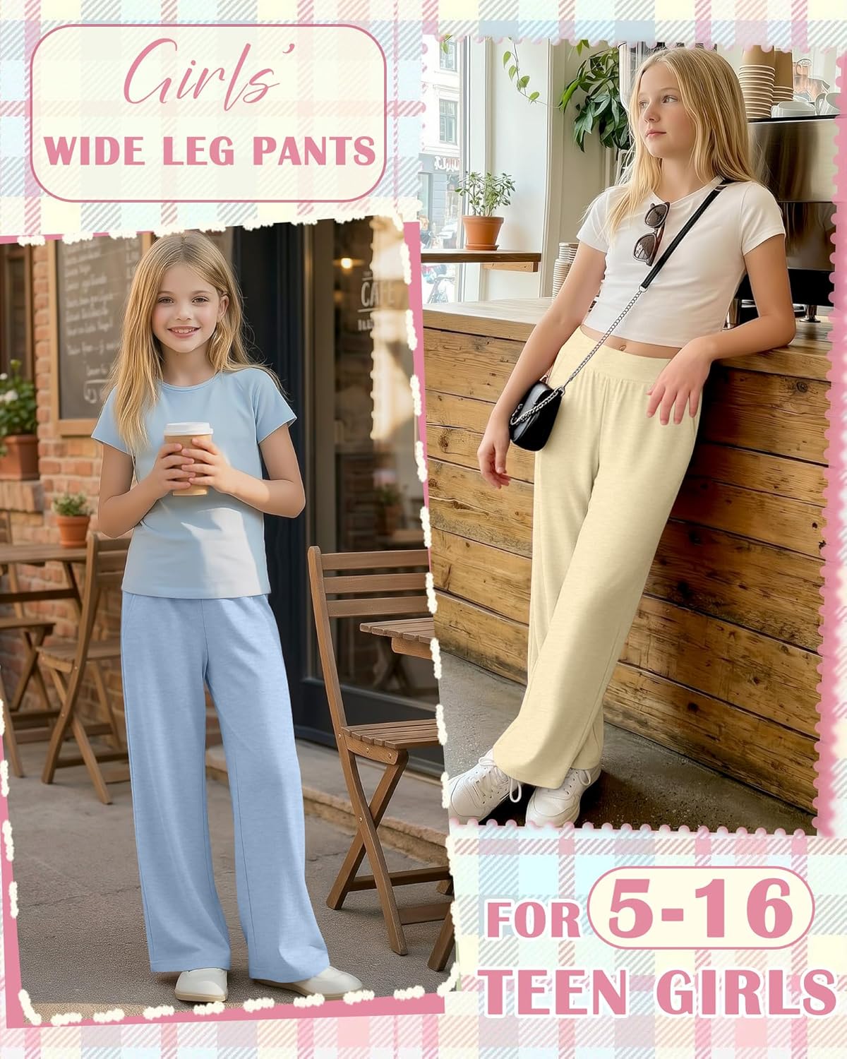 5 Pack Girls' Wide Leg Pants Teen Light Weight Baggy Loose Sweatpants with Pocket Elastic Waist for 5-16 Years