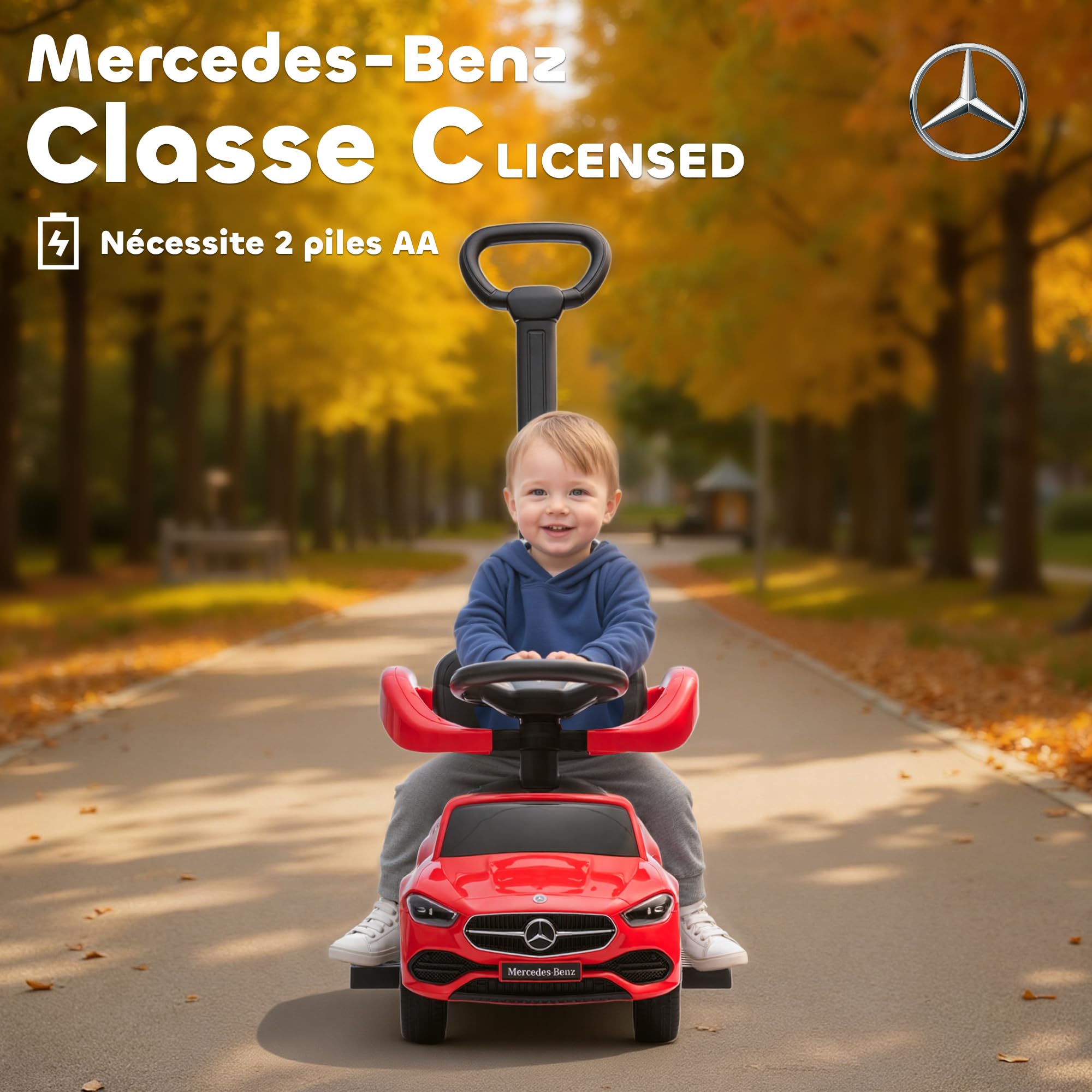 AIYAPLAY Portabebés Mercedes-Benz con Licencia, portabebés 2 en 1 con asa extraíble, pasamanos, Espacio para Guardar Cosas, claxon y Volante, para niños de 18 a 36 Meses, Rojo