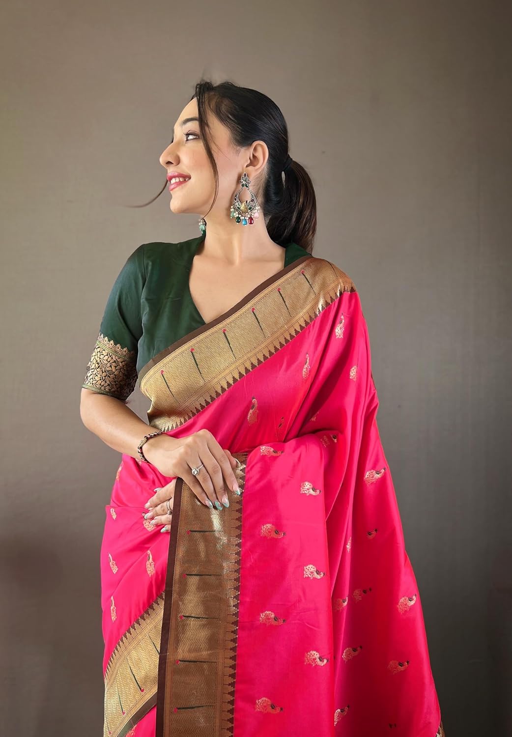 Paithani silk saree with rich contrast weaving pallu and unstitched blouse