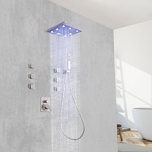 Miniatura 11 de SKOWLL Grifo de ducha de lluvia con 6 rociadores de chorro de cuerpo completo, cabezal de ducha de lluvia LED de 12 pulgadas con combo de rociador