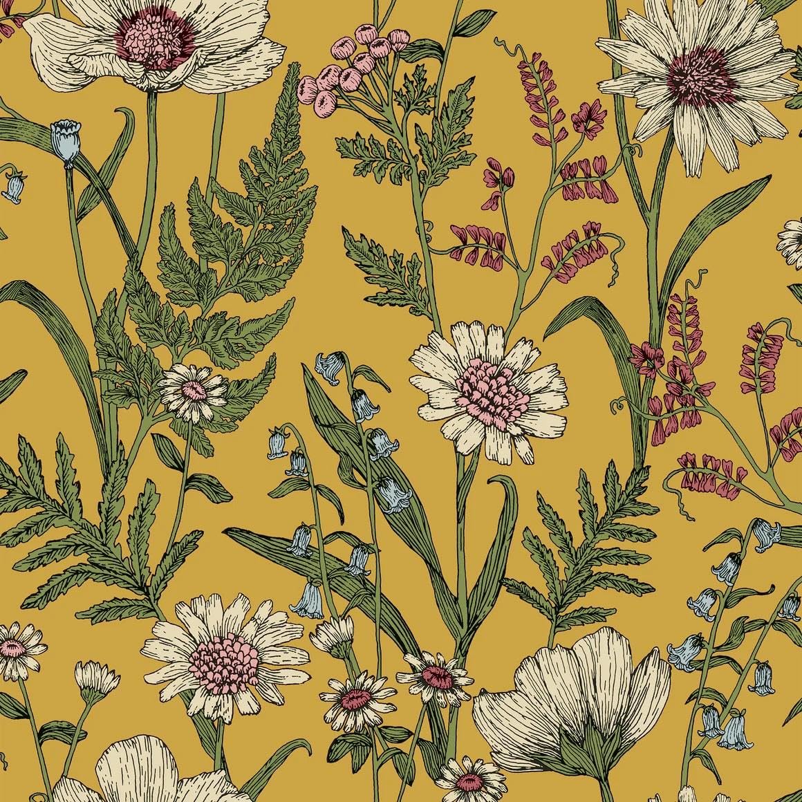 Yöl Yellow Wild Meadow Wallpaper - Floral Flowers Petals Naturistic Blossom Feature Wall - Classic Vintage Paste The Wall
