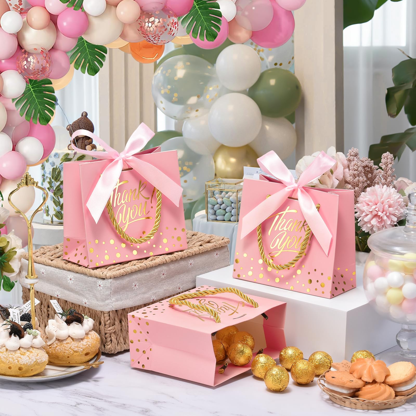 EQOREIIN 50 sztuk małych torebek na prezenty z podziękowaniami z uchwytami 14 x 6 x 11 cm mini torby na prezenty luzem, papierowe torby na prezenty na Dzień Matki, baby shower, ślub