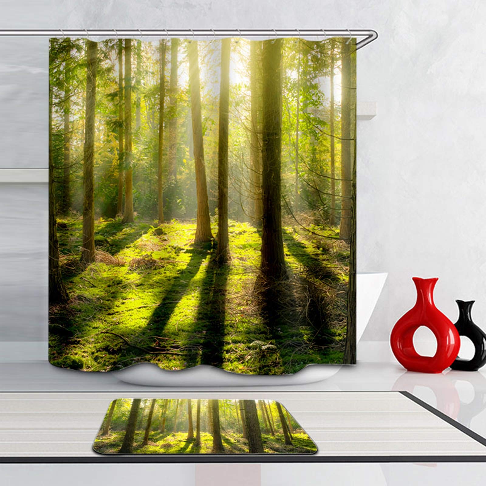 Daesar Dywaniki łazienkowe nadają się do prania 40 x 60 cm las rano 165 x 180 cm zasłona łazienkowa w stylu vintage, maty łazienkowe zestaw