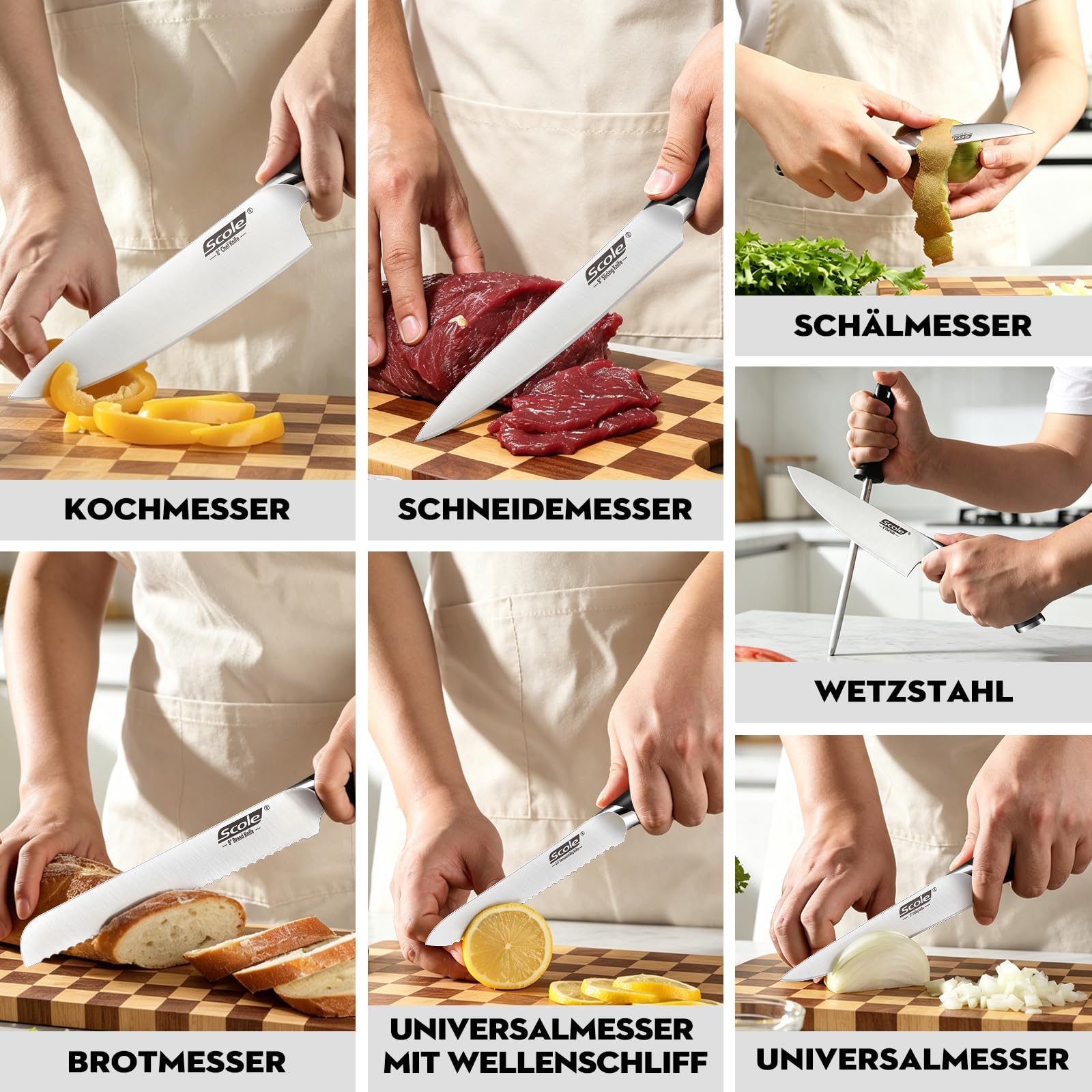 SCOLE® Messerset, Rasierscharf Küchenmesser Set 7-teilig mit Wetzstab, Messer Set, Profi Kochmesser Set Geschenkbox