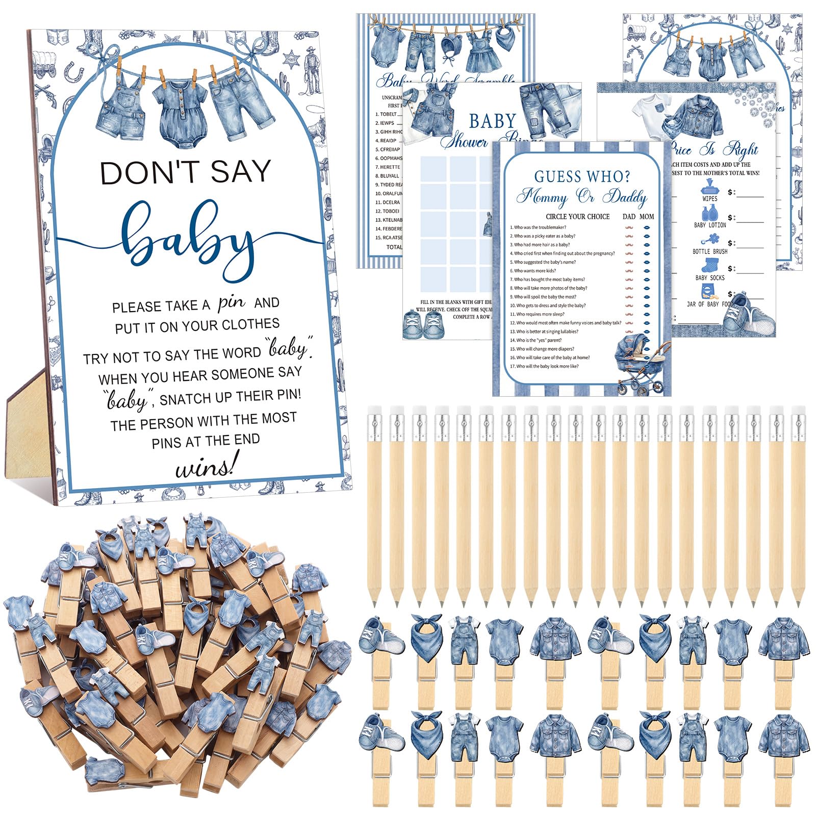 Patelai 321 Pcs Baby Shower Games Supplies, Blue Jean