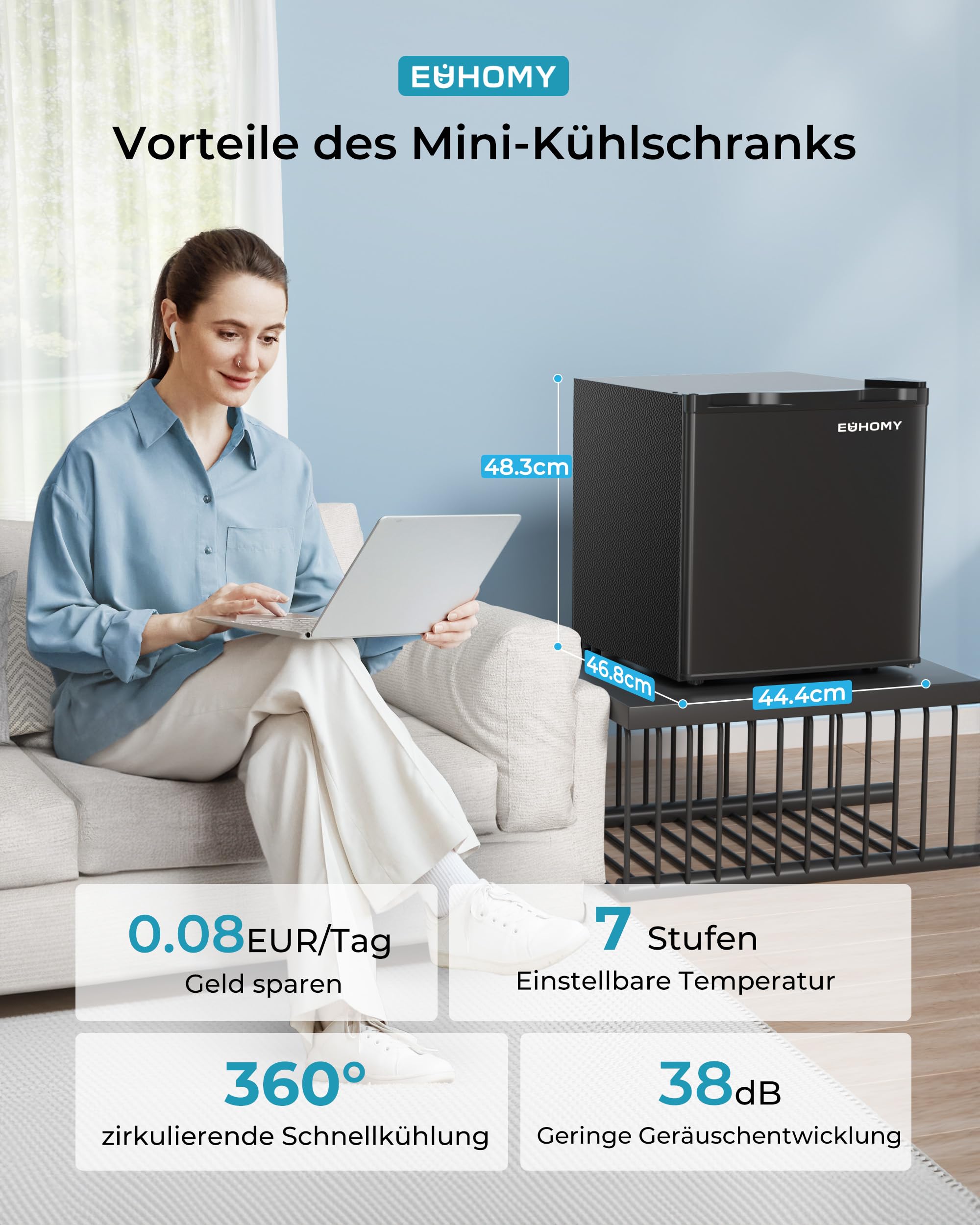 EUHOMY Mini Kühlschrank, 46L Kühlschrank klein, kleiner Kühlschrank mit umkehrbarer Tür, 7-Stufen Thermostat, 38dB Ultra-Leise, Energieeffizienter Kompaktkühlschrank für Schlafzimmer, Büro