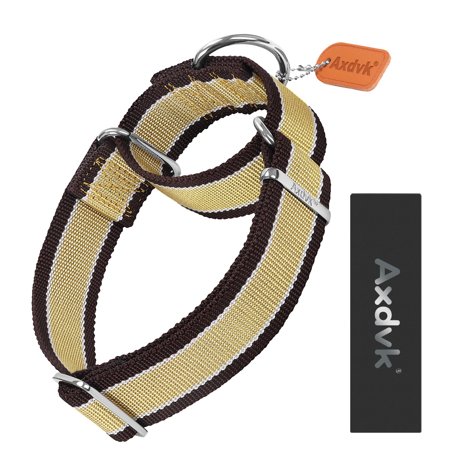 Martingale Halsband für Hunde-4 cm Breites, 1600D Hochfestes Ausbruchssicheres Nylon-Halsband mit 3-Farben Streifen-Zugfest & Langlebig für Mittelgroße bis Sehr Große Hunde M, Khaki&Dunkelbraun
