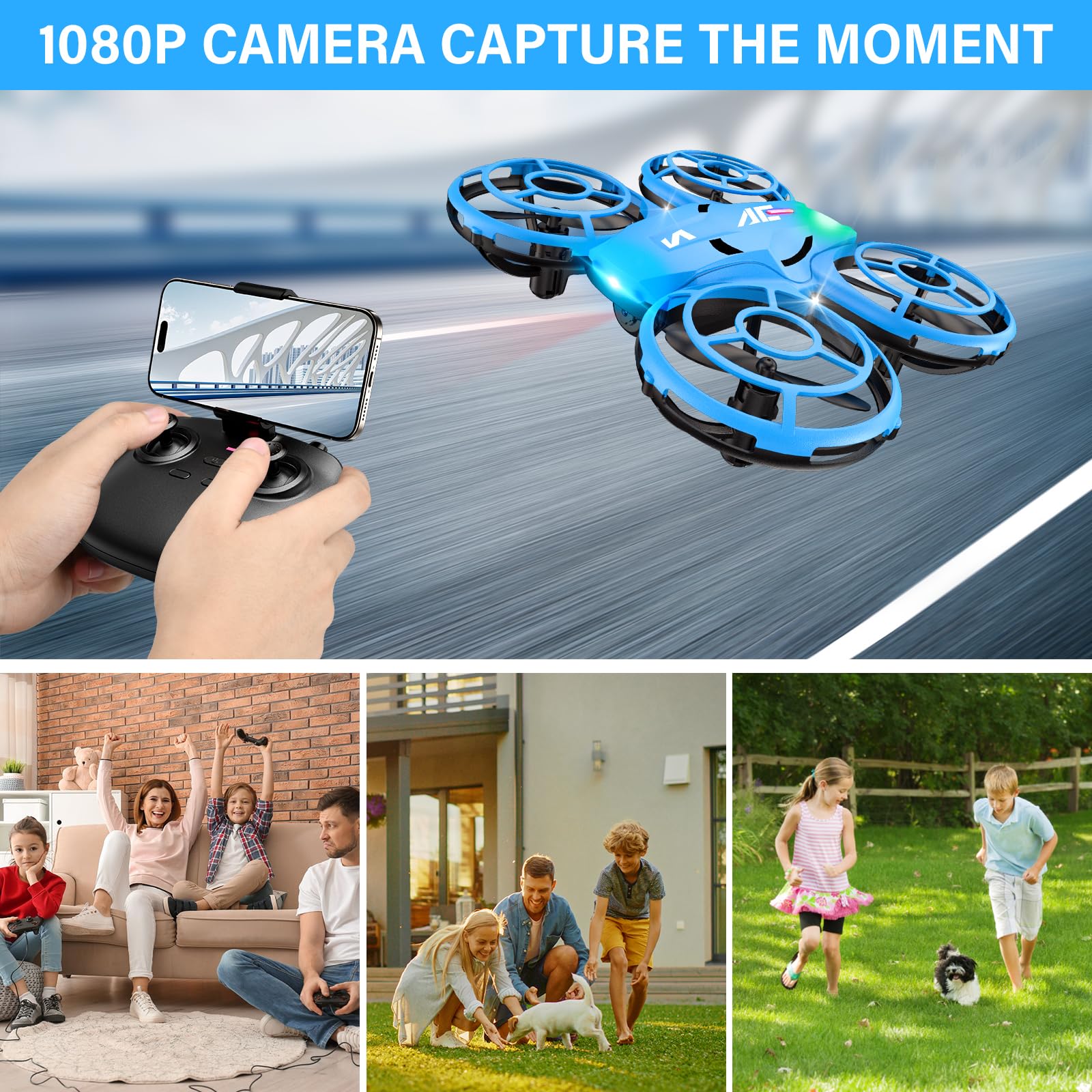 Fileeyn Mini Drone per Bambini, con Fotocamera HD 1080p, Controllabile tramite App Quadricottero RC con Luci a LED, Protezione dell'Elica con Flip 3D, Regalo Giocattolo per Bambini e Principianti
