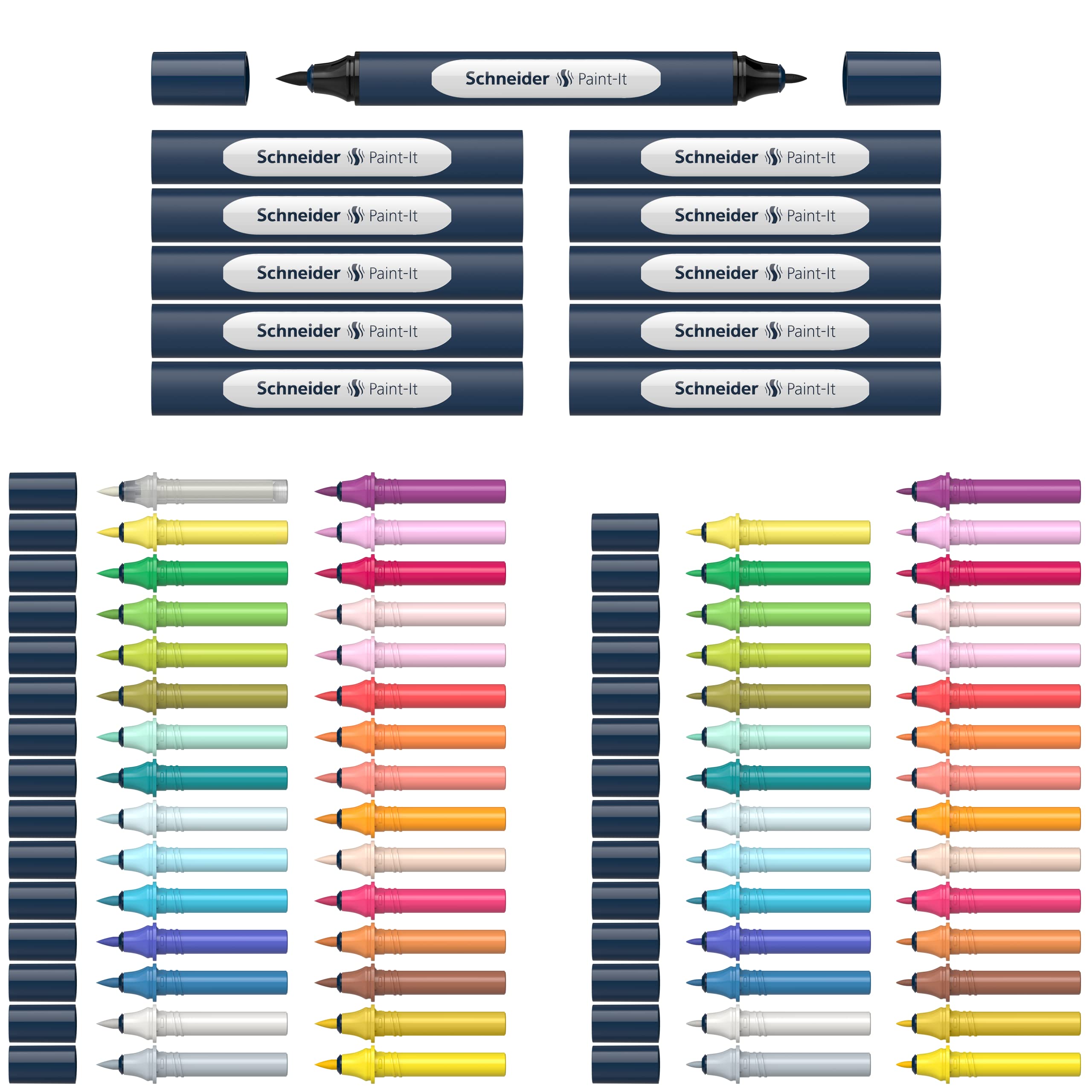 Schneider 040 Paint-It Twinmarker Komplettset (Brush Tip & 1,0 mm Rundspitze,farbintensive Tinte auf Wasserbasis,für die Anwendung auf Papier,Stifte aus 92% recyceltem Kunststoff) 72 Teile, mehrfarbig