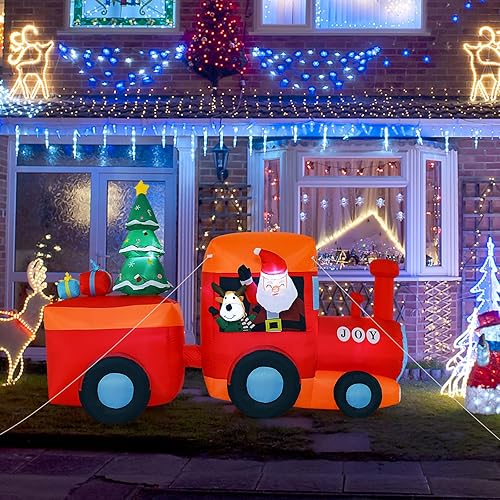 Miniatura 9 de Tangkula Papá Noel inflable de Navidad iluminado de 8.6 pies en tren con ciervos y árbol de Navidad, luces LED integradas y soplador de aire