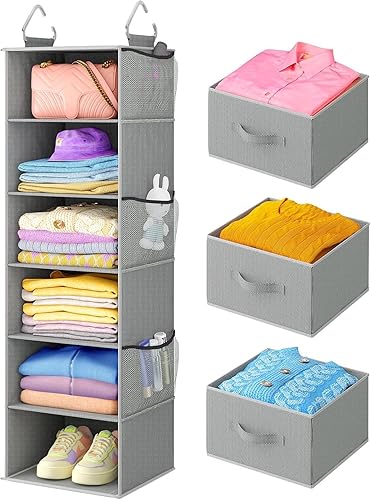 Miniatura 8 de Pipishell Organizador colgante de armario con 6 estantes, estantes colgantes para armario con 3 cajones extraíbles y bolsillos laterales para