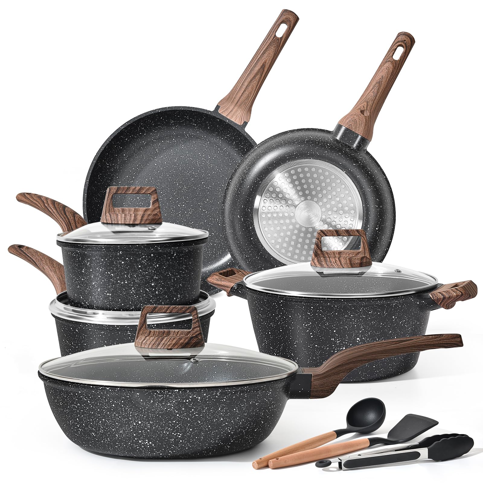 Terlulu Juego de ollas y sartenes de inducción – Juego de 13 sartenes antiadherentes, juego de utensilios de cocina de granito negro con tapa, juego de cacerolas antiadherentes, juego de sartenes,