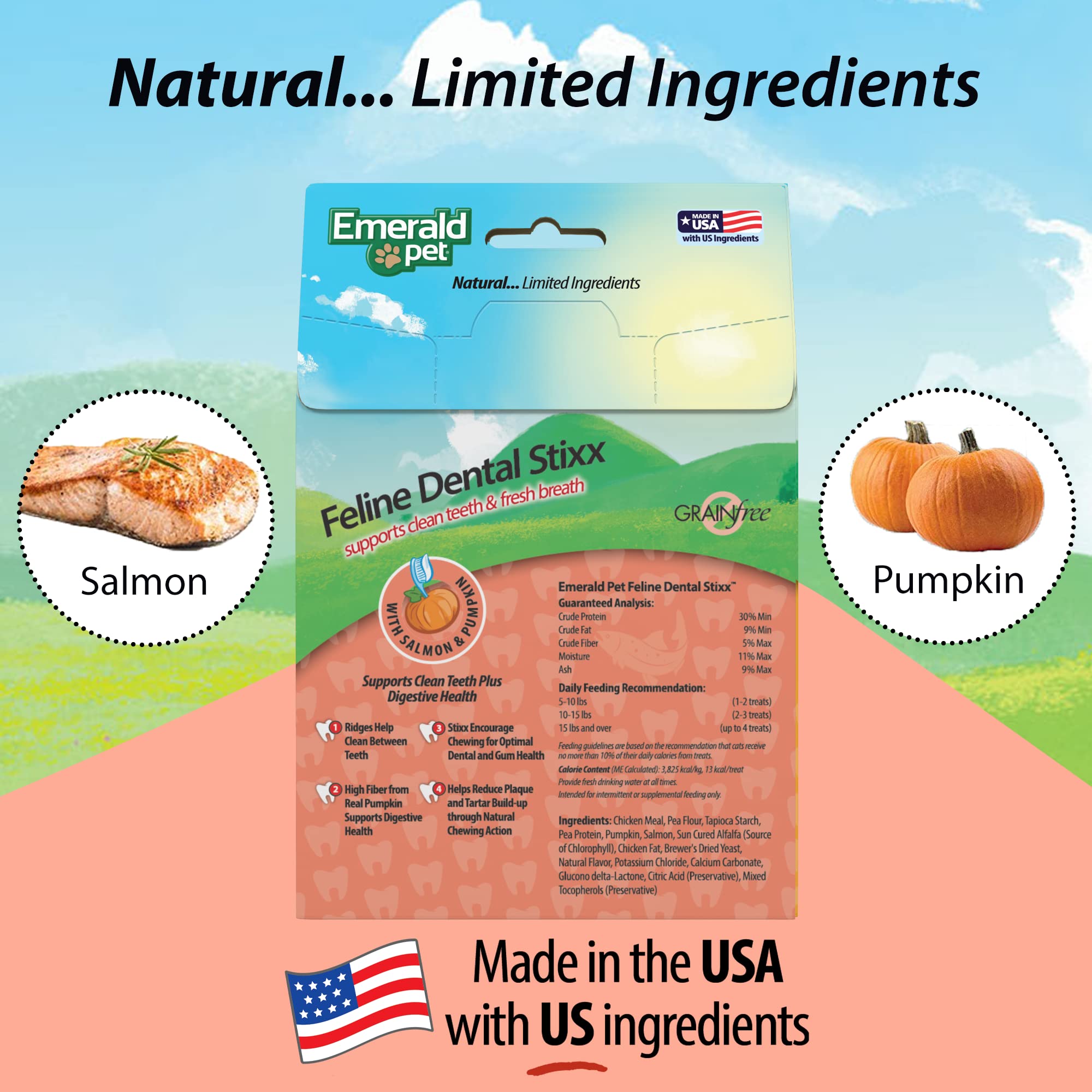 Emerald Pet Feline Dental Stixx — Tasty and Crunchy Cat Sticks with Pumpkin for Digestive Health — Natural Grain Free Dental Treats for Clean Teeth and Fresh Breath — Salmon, 3.6 oz - image 5