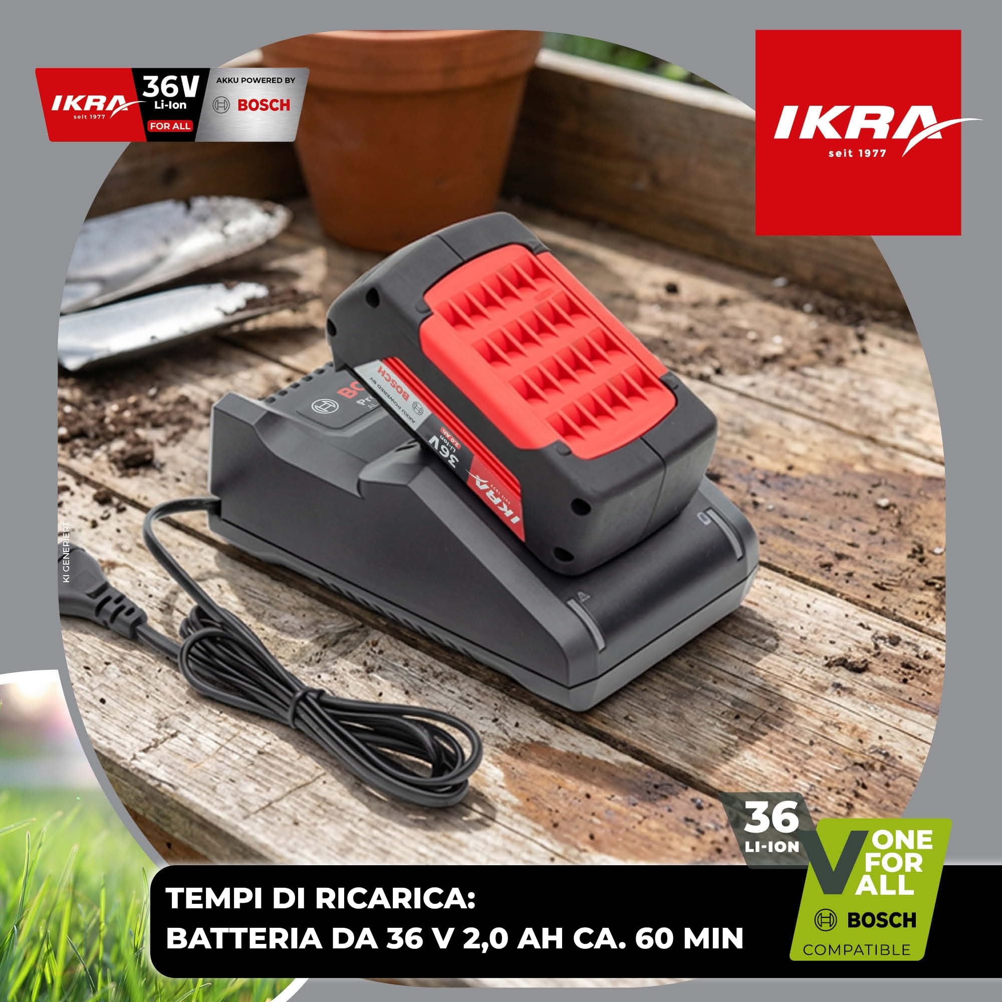 IKRA caricabatterie per batteria da 36 V, tipo AL 36V-20 con indicatore LED | Compatibile con tutti gli attrezzi Bosch 36V, protezione integrata delle celle contro il surriscaldamento e il sovraccarico