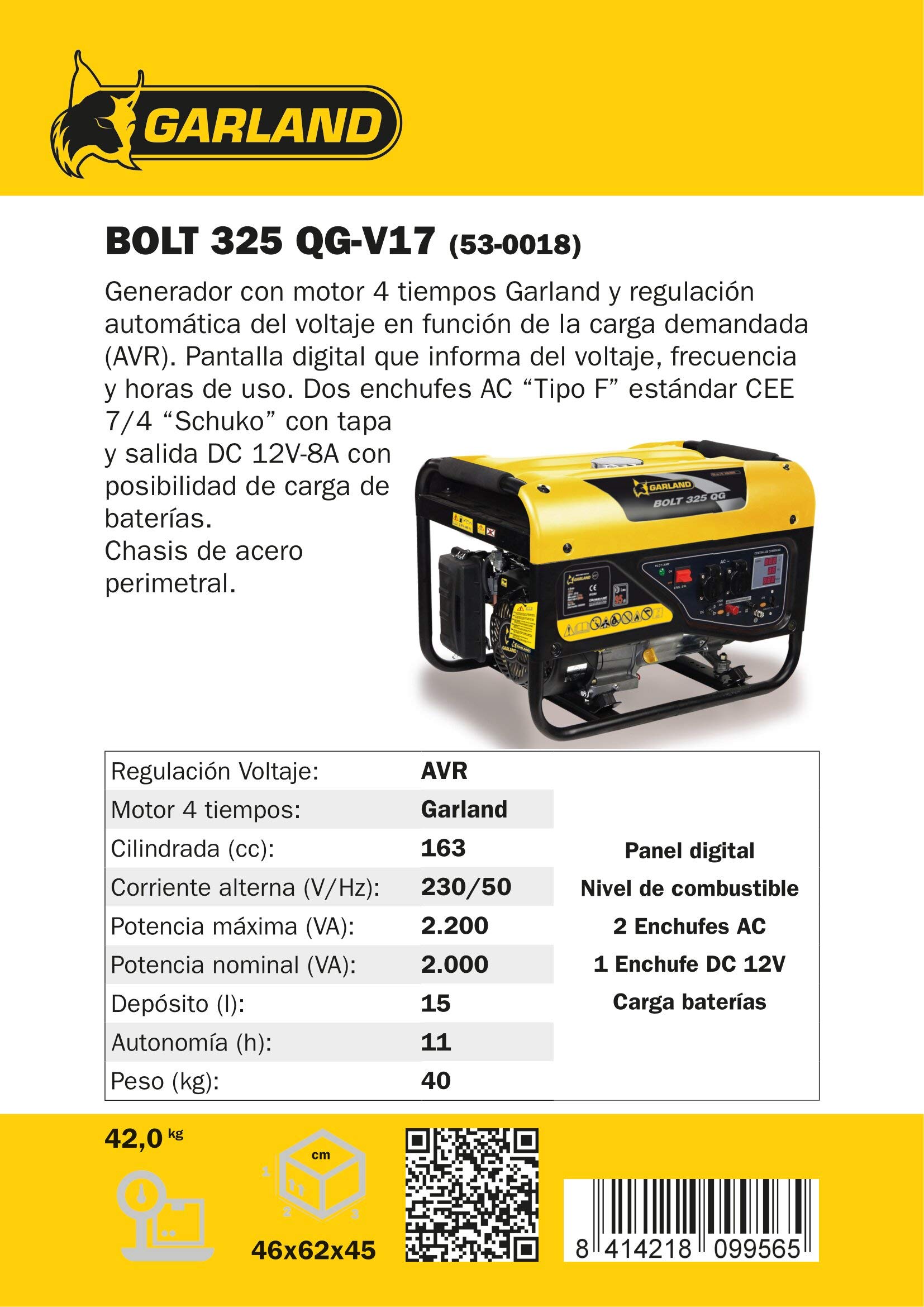 GARLAND BOLT 325QG-V17 - Generador Gasolina 4T 2,2 kVA, Motor 163 cc, AVR, 2 Enchufes 230V Schuko + Salida 12V 8A, Chasis de Acero