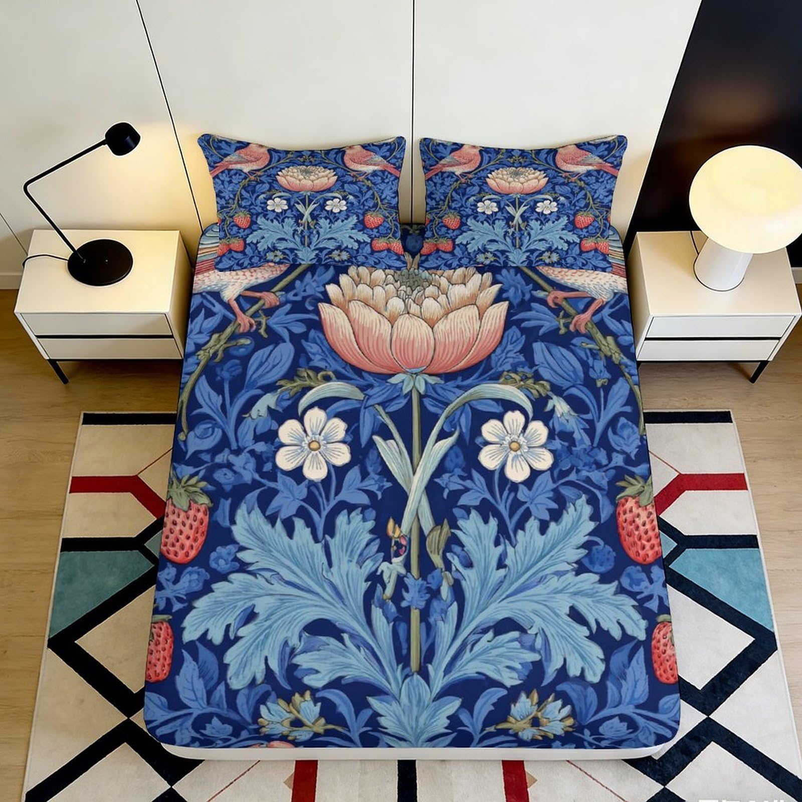 3D Printed Blue Floral Fitted Sheet Microfiber Artistic Botanical Mattress Cover for Bedroom Guest Room Easy Care 90x200x25cm