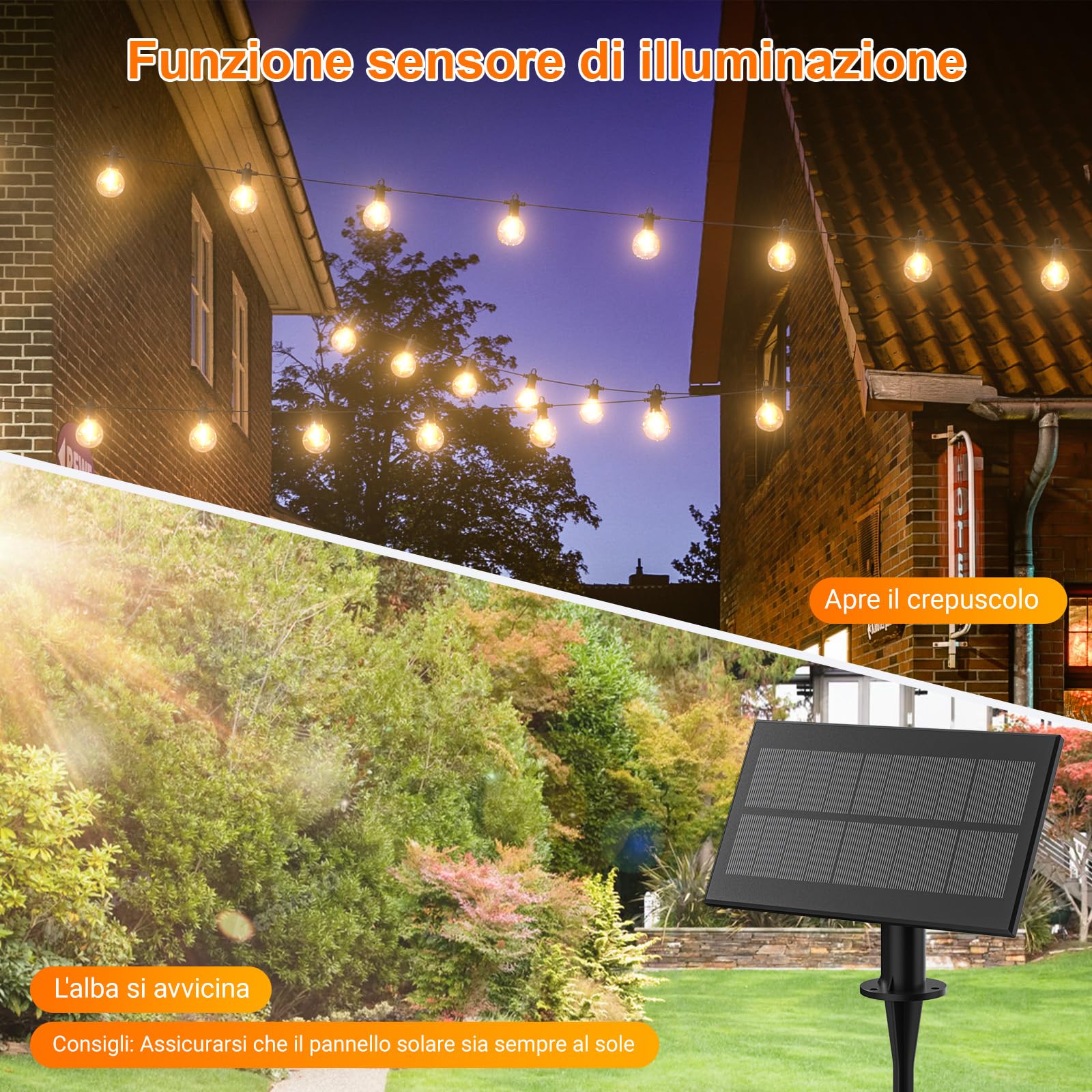 Kawaya - Ghirlanda di luci LED solari per esterni, lampadine G40, bianco caldo, con pannello solare, impermeabile, grado di protezione IP65, con 25+2 lampadine G40 resistenti alle rotture, bianco