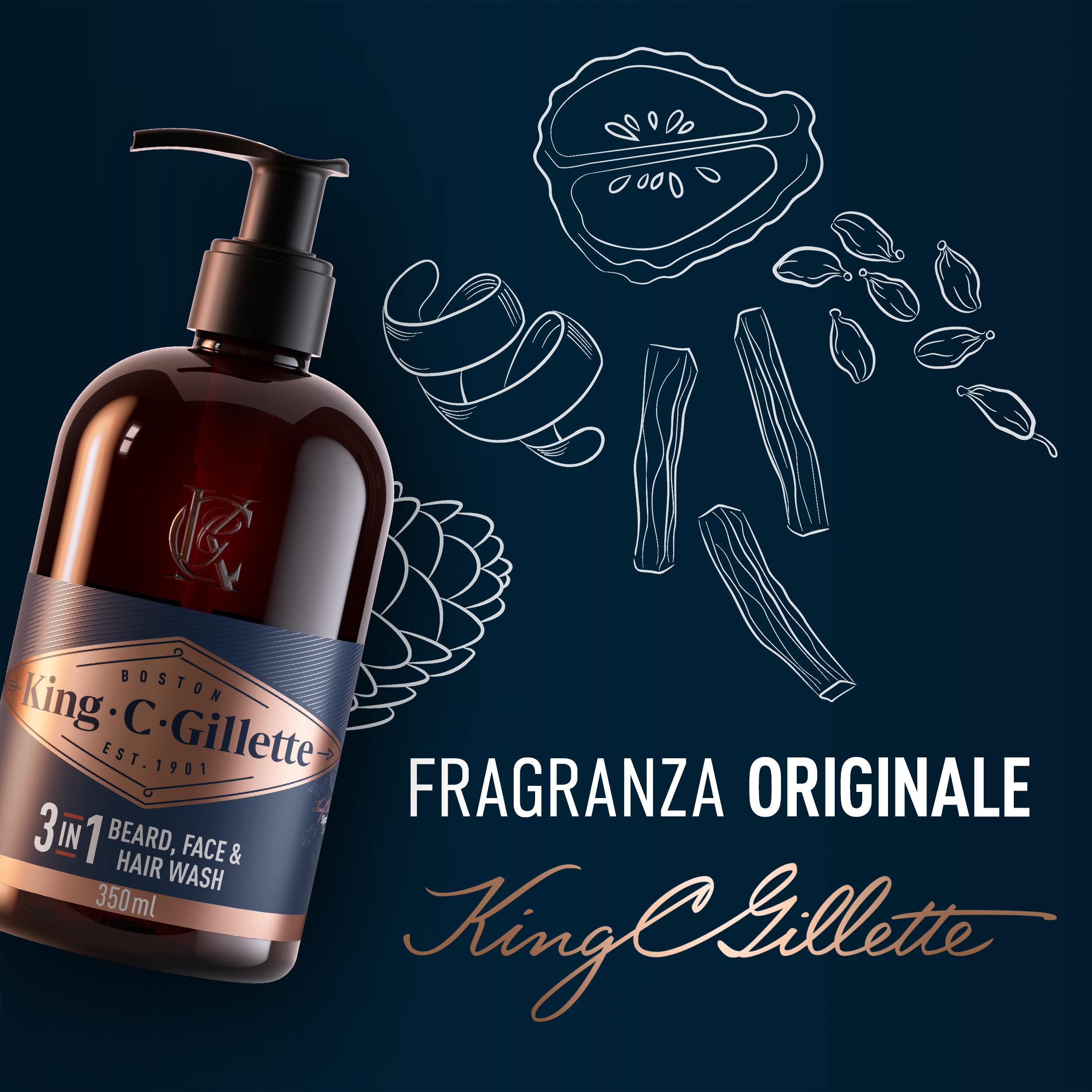 King C. Gillette Detergente Viso Uomo 3 in 1, Sapone Barba, Viso e Capelli, Pulizia e Freschezza, Profumazione King C., Cura della Barba, Idea Regalo Uomo